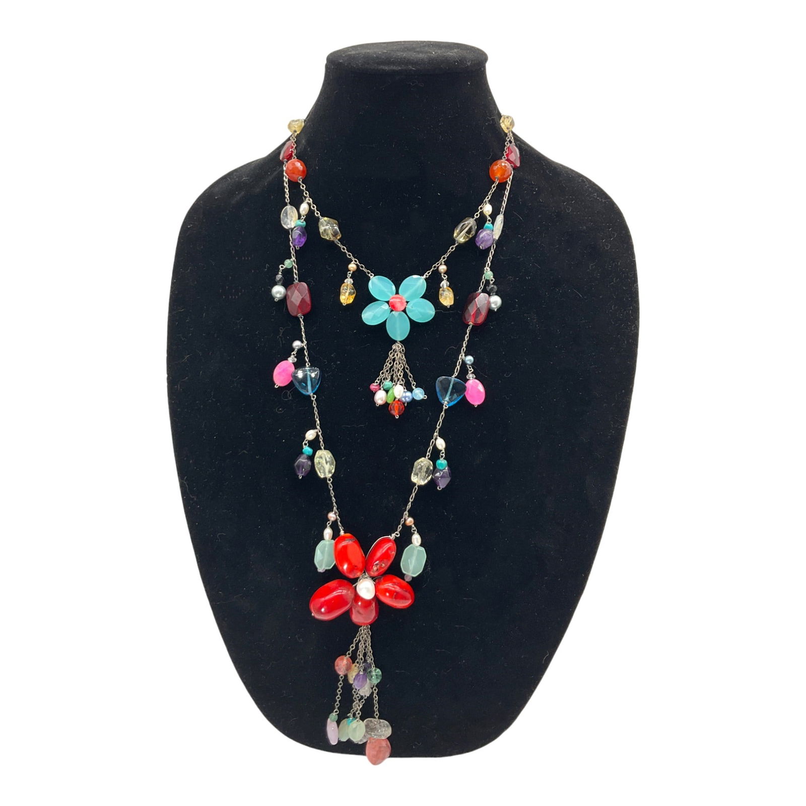 Vintage Sterling Silver & Semi Precious Gemstone Double Strand Necklace (1 of 3)