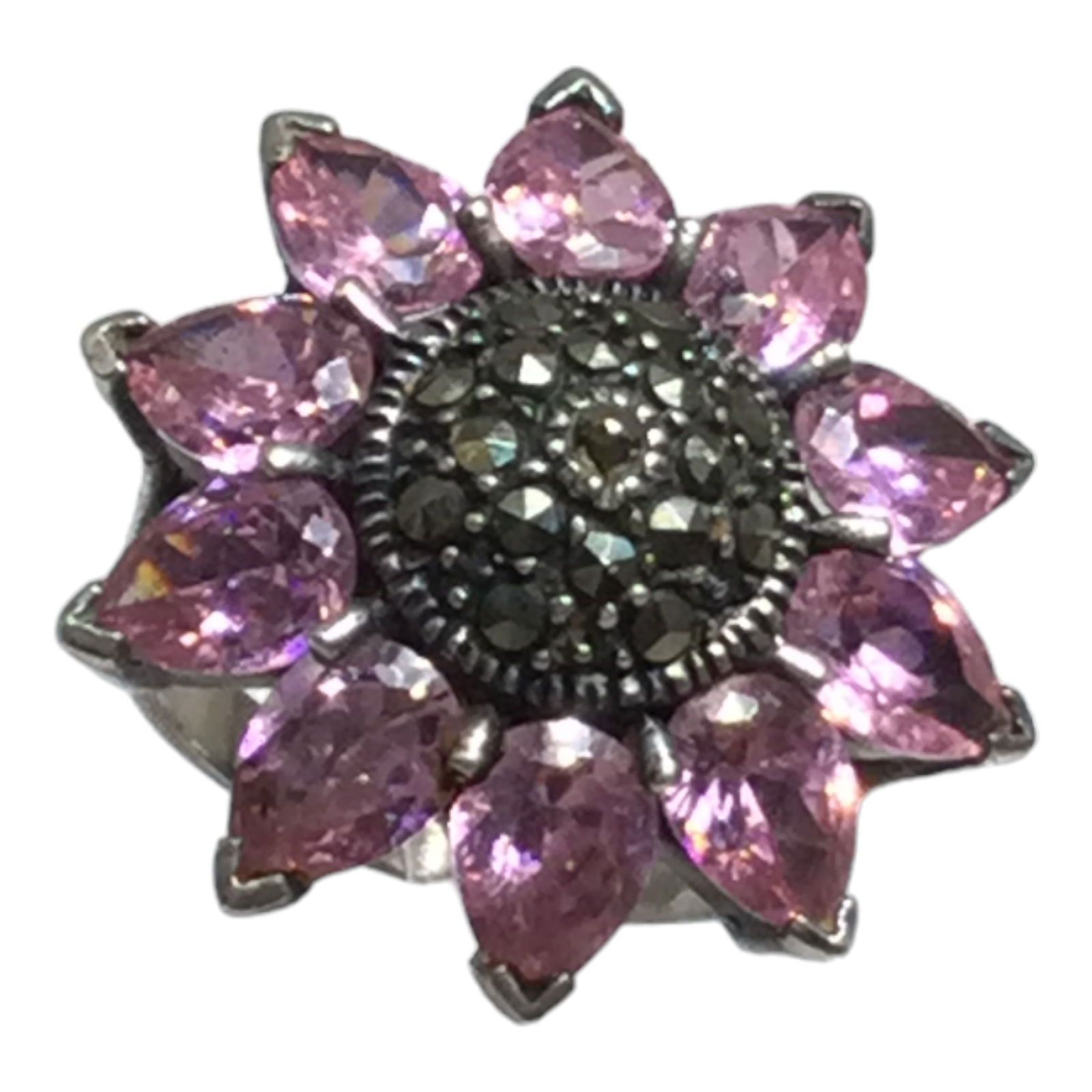 Vintage Sterling Silver Flower Shaped Ring, Marcasite and Morganite (1 of 3)