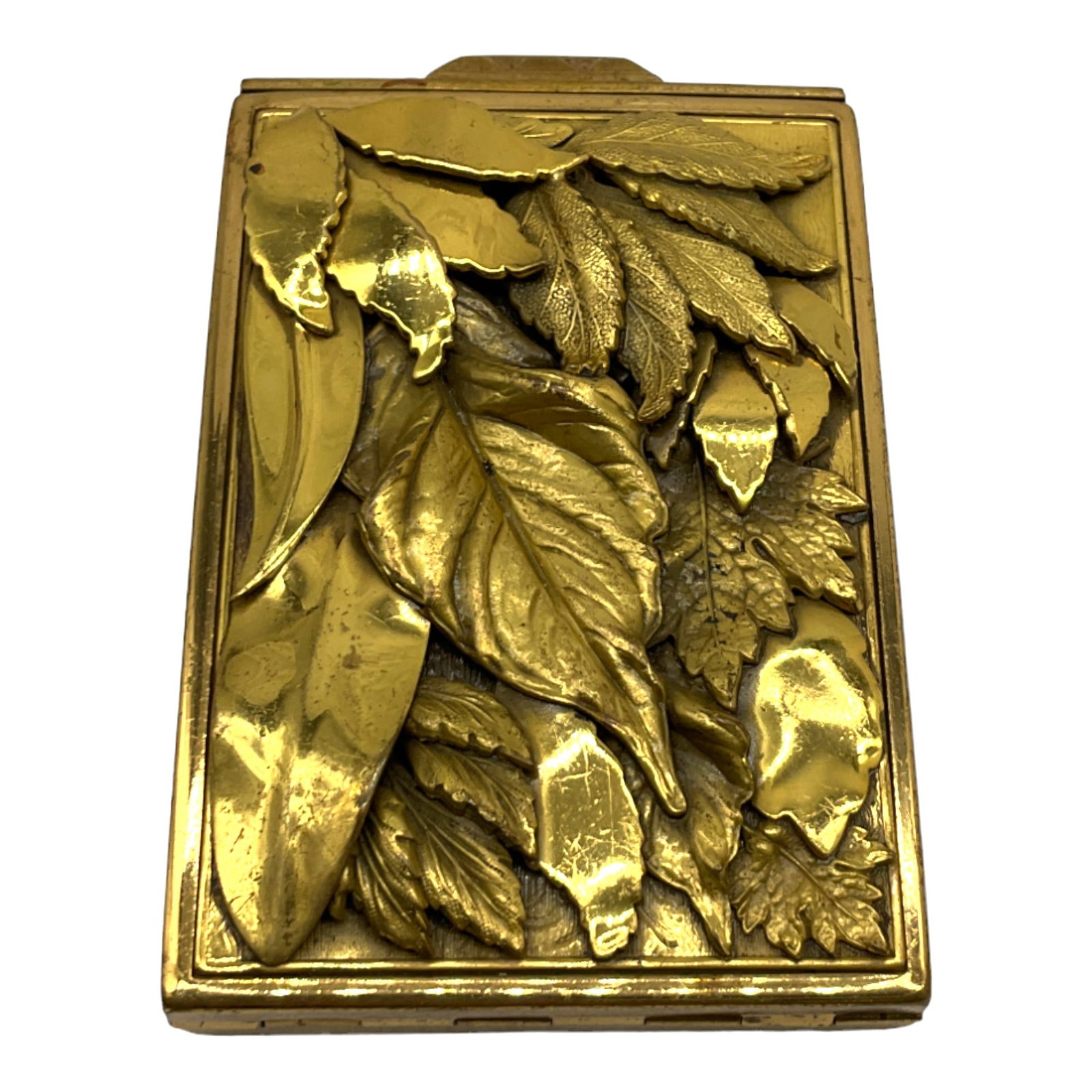 Vintage Kolter & Kopit Makeup & Mirror Compact: Vintage Kolter & Kopit Makeup & Mirror Compact with Gold Leaf Design. Patent 1802796 Approximate Measurements L 3.5 x W 2.25 x H 0.25 Inches