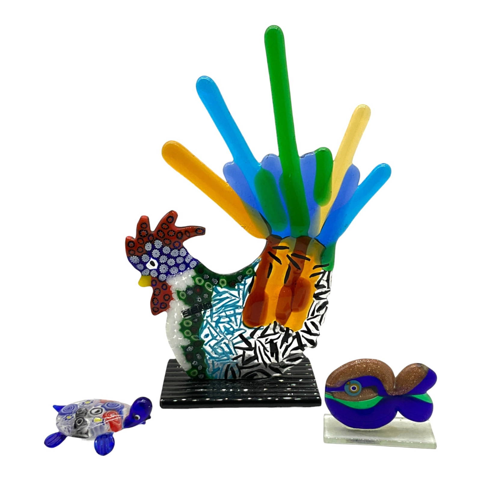 Lot Of 3 Rooster, Fish, & Turtle Murano Glass Sculptures Auction