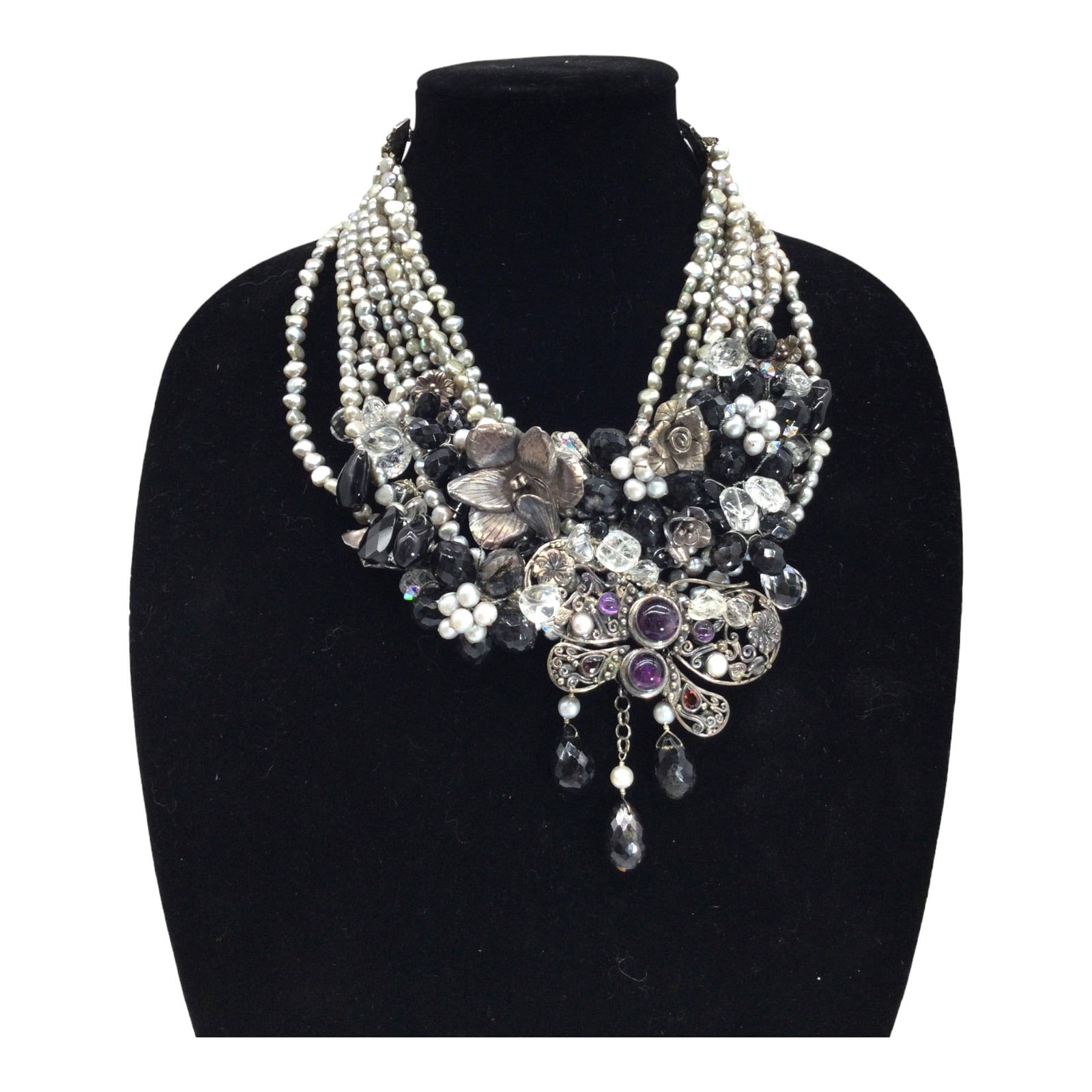 Vintage Statement Multistrand, Gemstone and Pearl Necklace Signed (1 of 4)