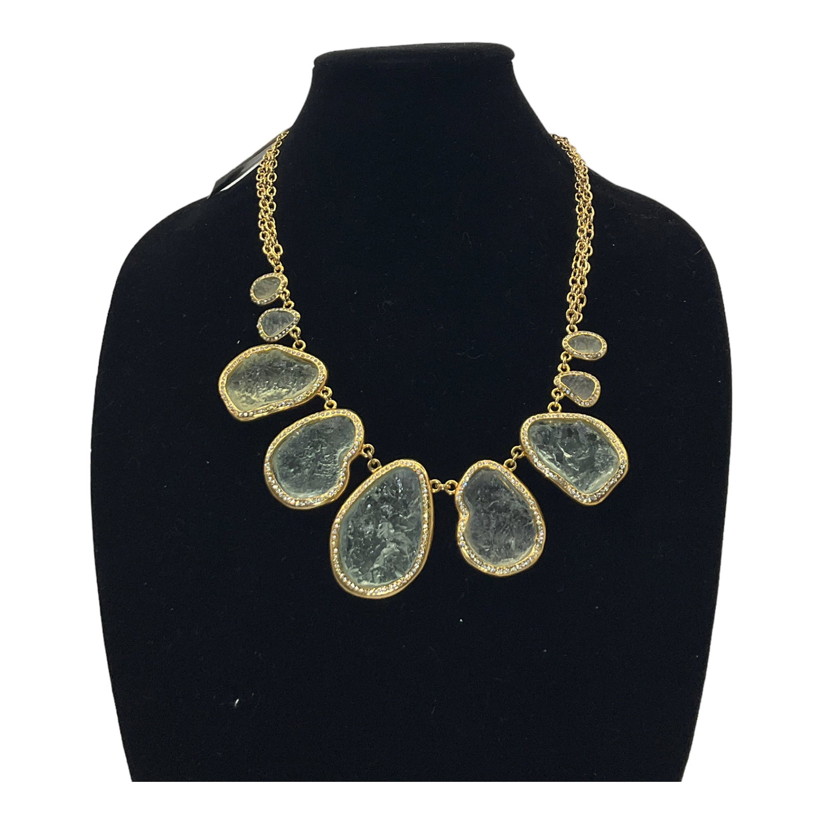 Kara Ross Golden Necklace with Graduating Crystals: NWT Kara Ross Golden Necklace With Light Blue Graduating Crystals. Approx. 24 inches long, center crystal pendants are approx. 2.25 long and 1.5 inches long for the ones on the side,