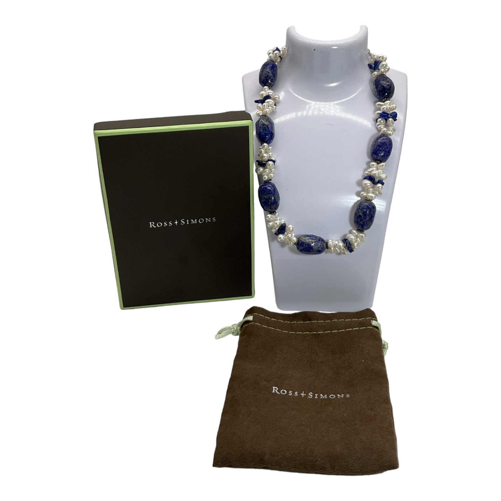 Ross Simons Fresh water Pearl and Lapiz Necklace with Sterling Clasp.: Ross Simons Fresh water pearl and lapiz lazuli beaded necklace, stamped at clasp area as 925. Approx. 18.5 inches long.