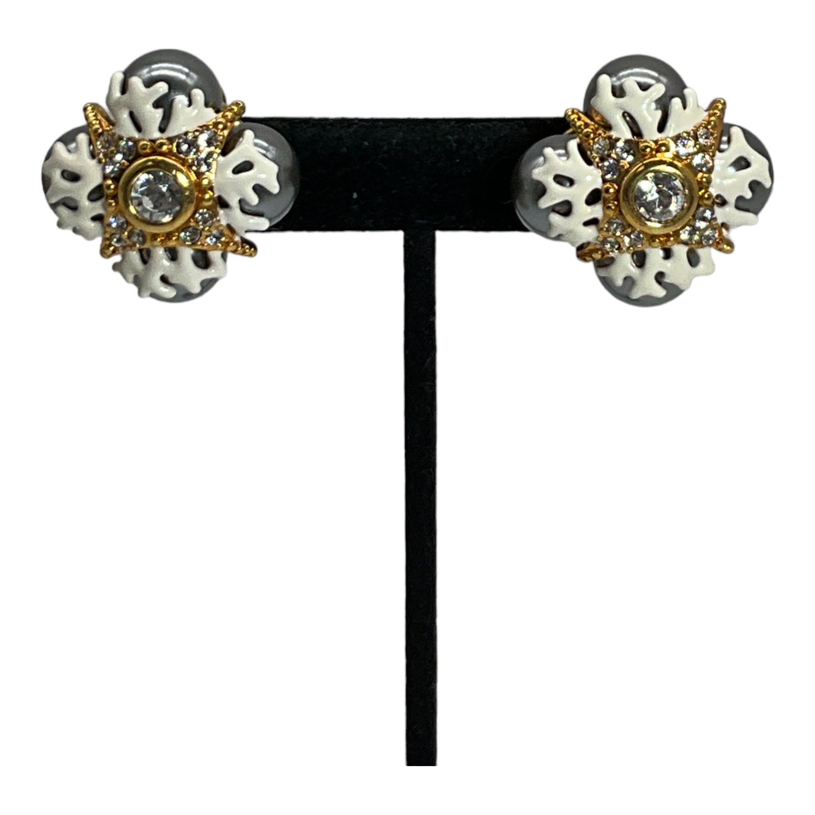 Signed Clip on Earrings Pearls and Rhinestones: Signed HW Clip On Earrings with Enamel Snow Flake and Clear Rhinestones. Approx. 1 inch.