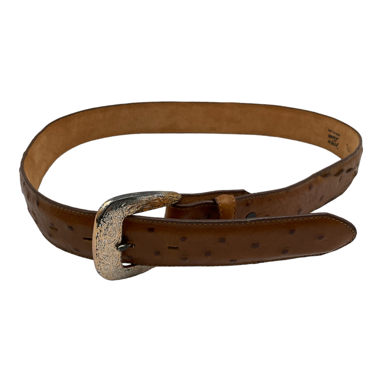 Tony Lama Men's Leather Ostrich Print Belt: Tony Lama Men's Brown Leather Ostrich Print Belt. 1377L Belt Marked Size 32 & Belt Width is Approximately 1.5 Inches. Brown Detail Spots Are Raised. 5 Belt Holes.