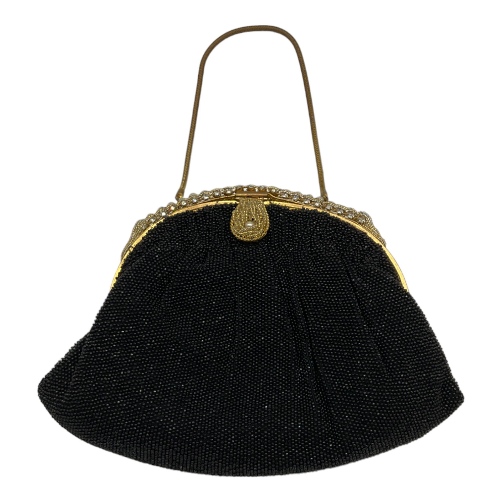 Vintage Handmade Beaded Purse Black Evening Bag with Gold Toned Handle & Mirror (1 of 7)