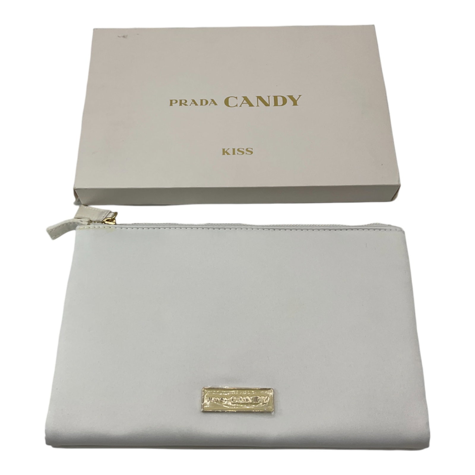 Prada Candy Kiss Double Cosmetic Makeup Travel Bag Clutch: Prada Candy Kiss White Polyester Double Cosmetic Makeup Travel Bag Clutch with Black Lining & Box. Approximate Measurements Each Bag L 9.0 x H 6.0 Inches