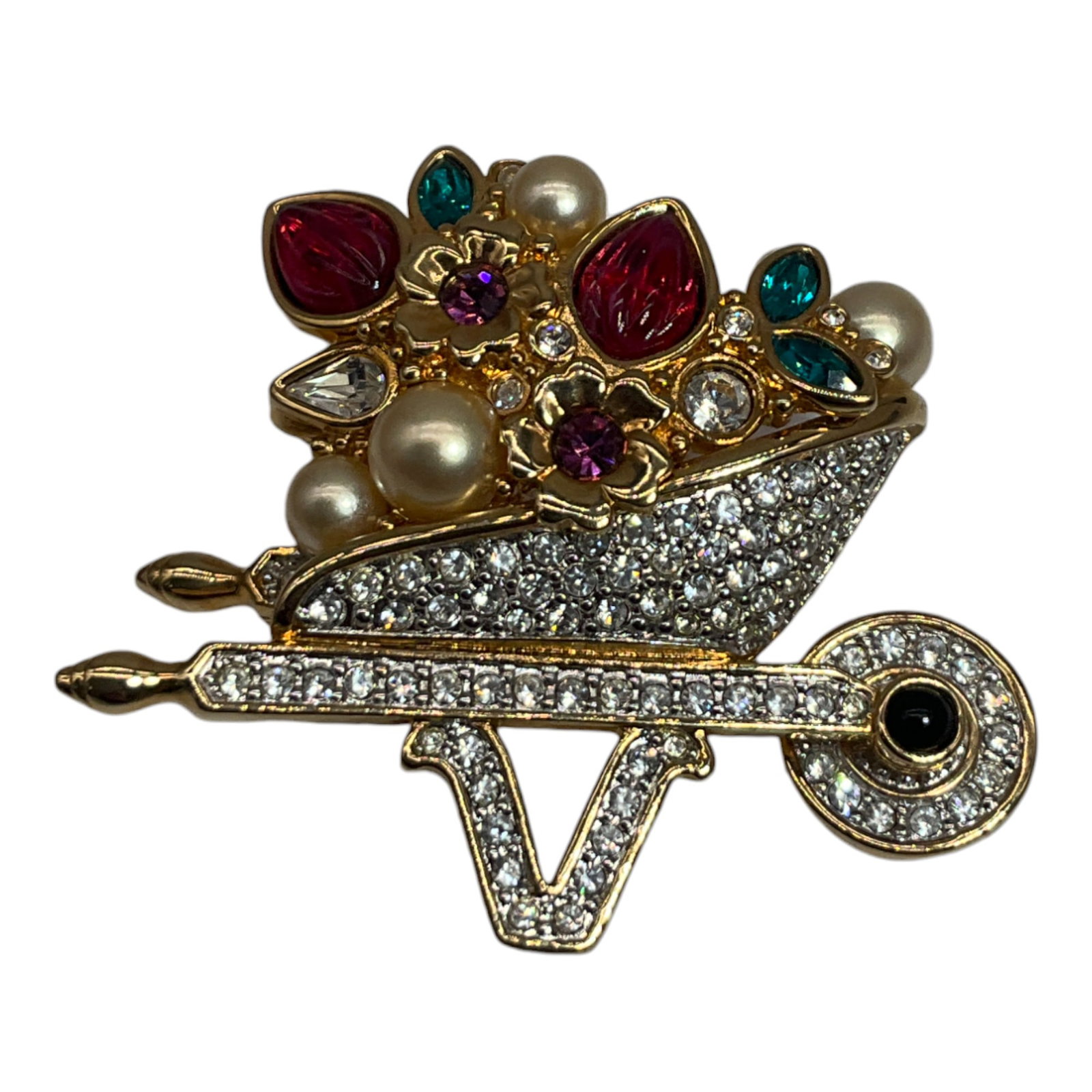 Vintage Swarovski Wheel Barrel Brooch Signed: Vintage Swarovski Wheel Barrel Shaped Brooch, Multicolored, Swan Signed, Wheel turns, Approximately 2 x 2 inches.