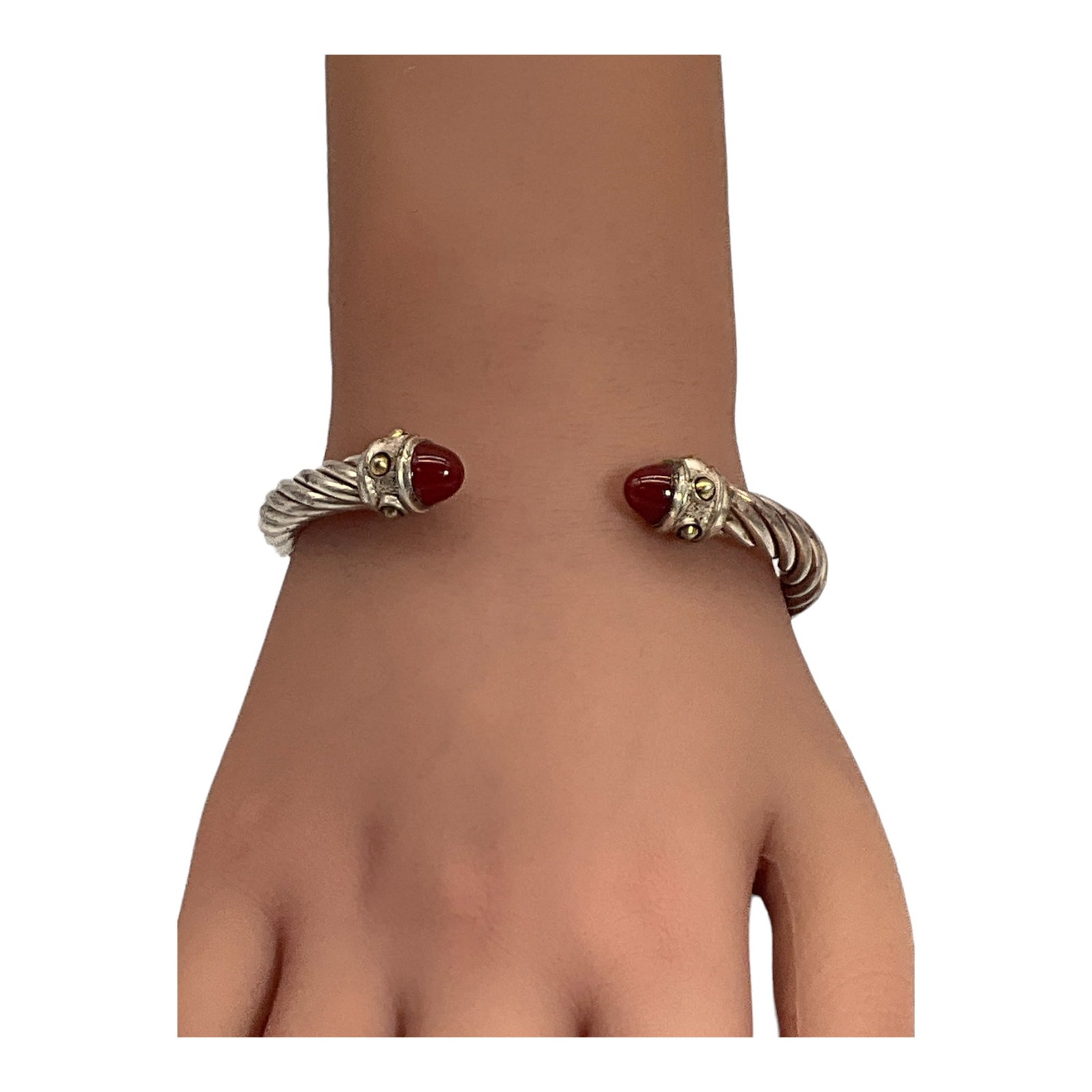 FLLI Menegatti Italy 925 Cable Bracelet Signed: Signed FLLI Menegatti Italy 925 Cable Bracelet with Carnelian Cabochon Tips. Approx. 7.5 inches end to end.