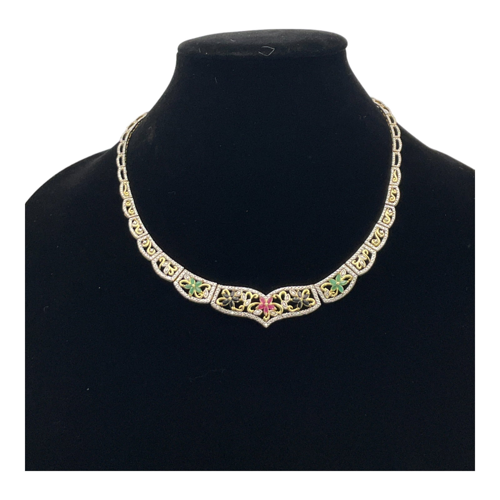 FAS 925 Gold Vermeil Multi Gemstones Floral Paneled Choker: Multi Gemstones Paneled Choker by FAS, Gold vermeil over 925. Approx. 19 inches long.