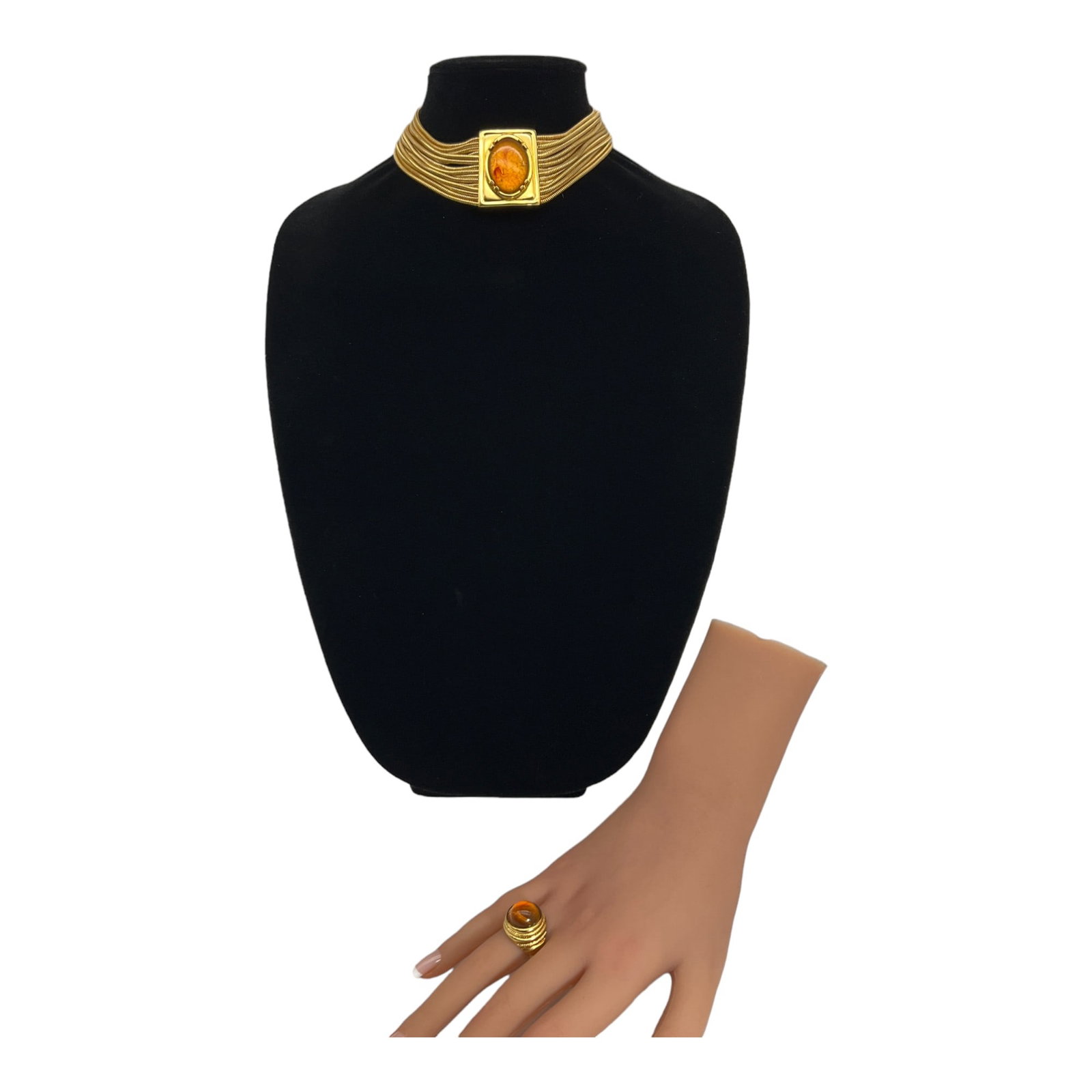 Vintage Monet Gold tone Choker and Ring: Vintage Monet Choker and Ring Set with a Faux Amber Cabochon. Choker approx. 15 inches, Ring size 6.