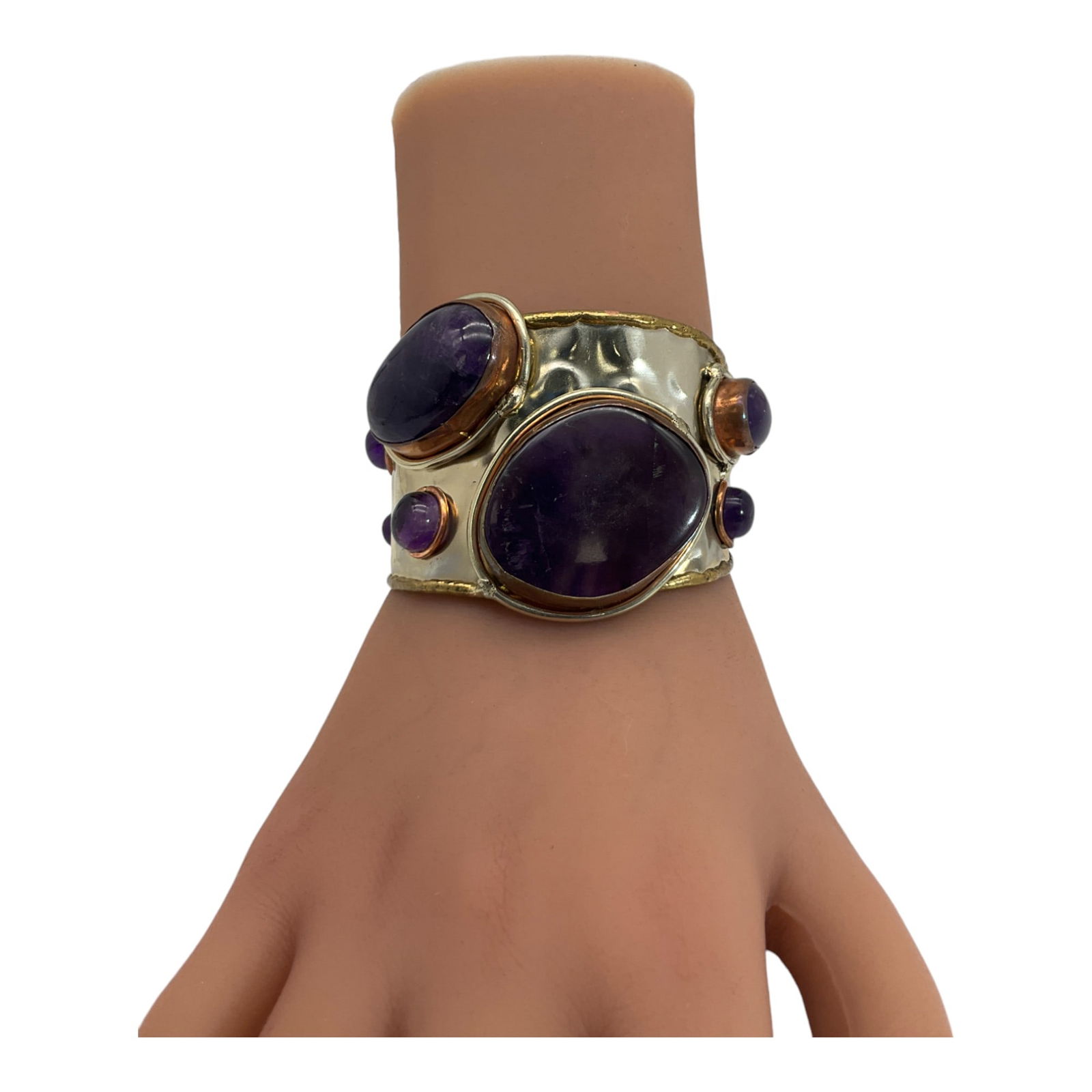 Vintage Mixed Metals Amethyst Cabochon Cuff Bracelet (1 of 4)