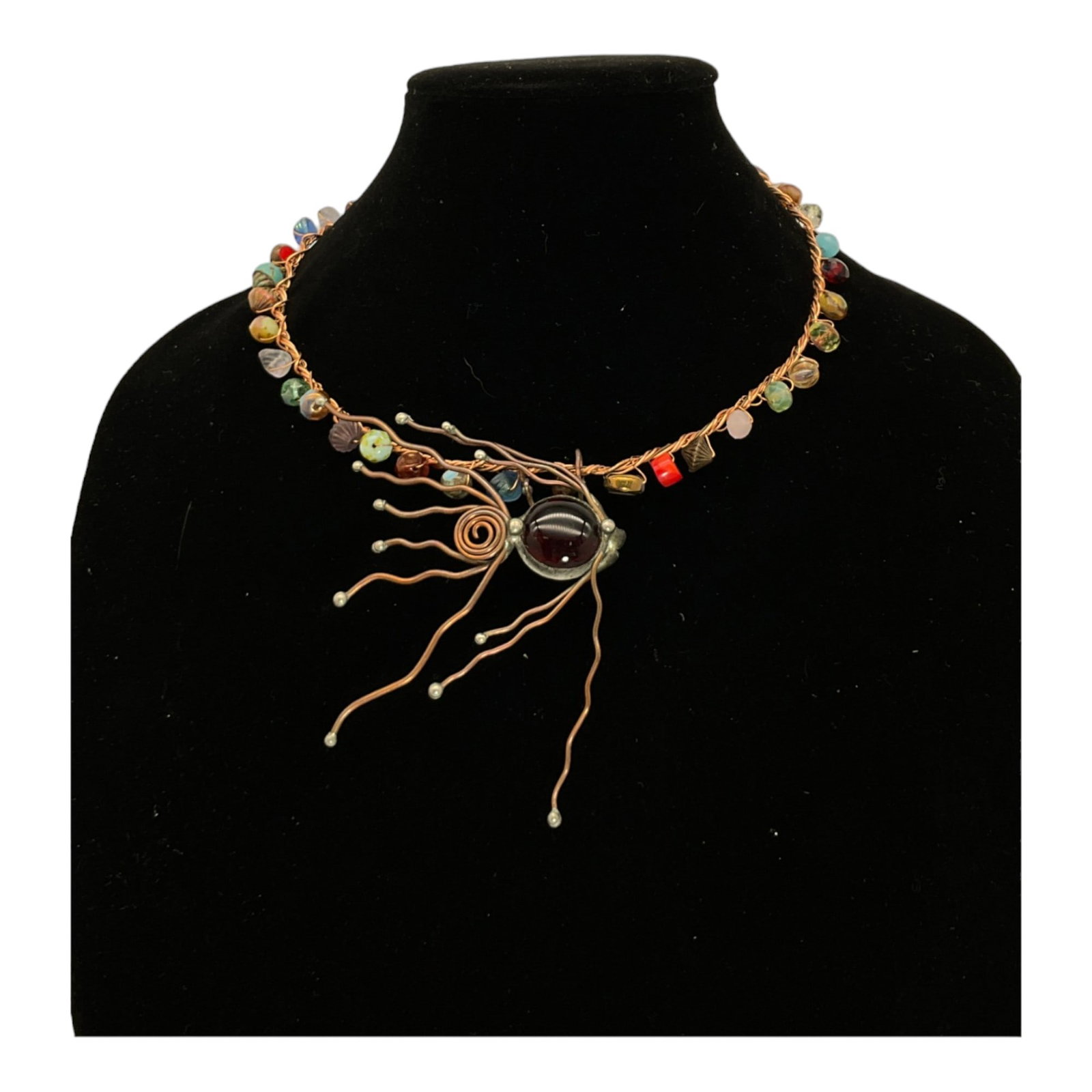Vintage Artisan copper Wire Choker with Fish Pendant and Glass Beads: Artisan Copper Wire Choker, with Fish Pendant, adorned with glass beads. Approx 19 inches end to end, fish pendant 3 x 4 inches