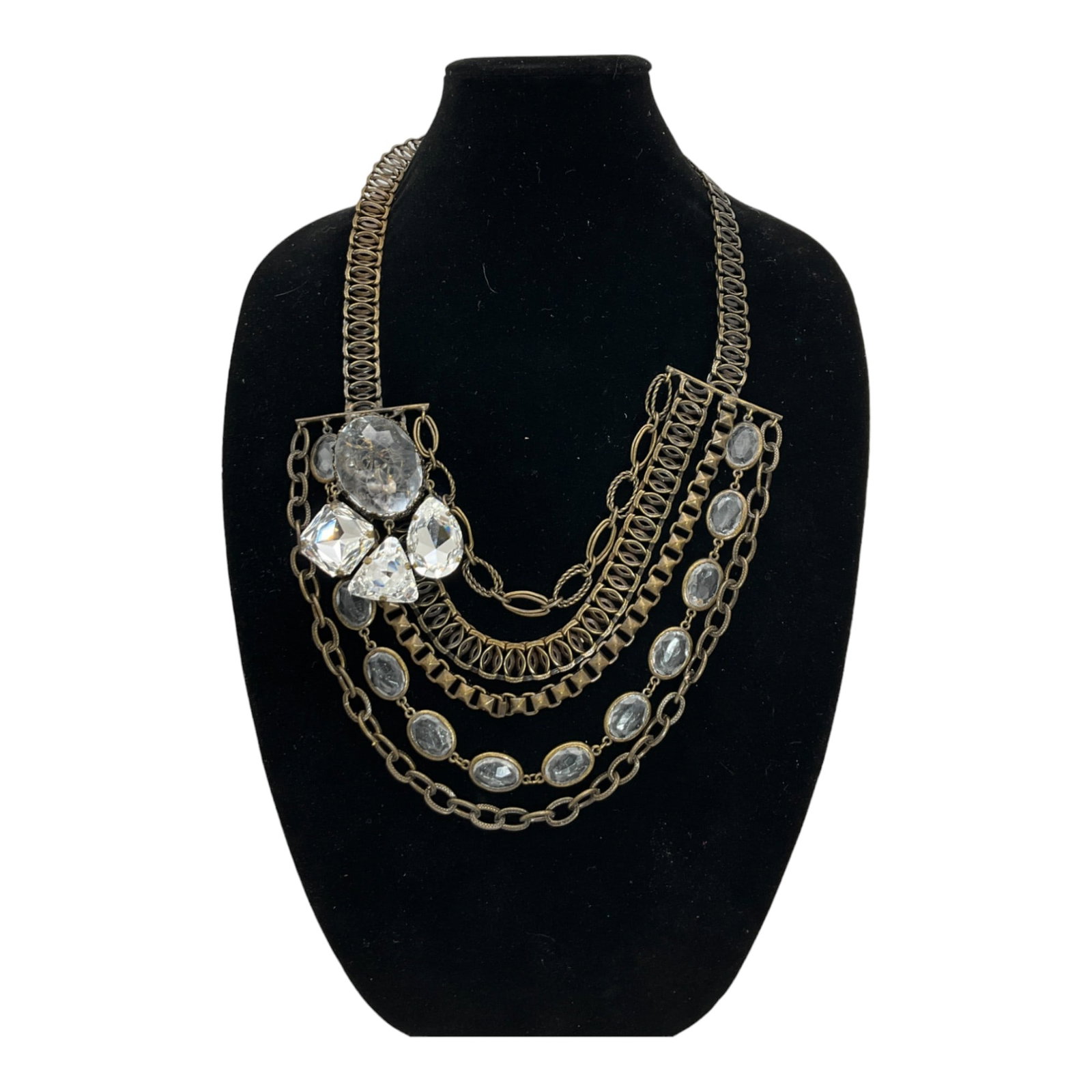 Vintage Runway Necklace: Vintage Brass Runway Necklace with Clear Rhinestones. Approx. 25 inches long.