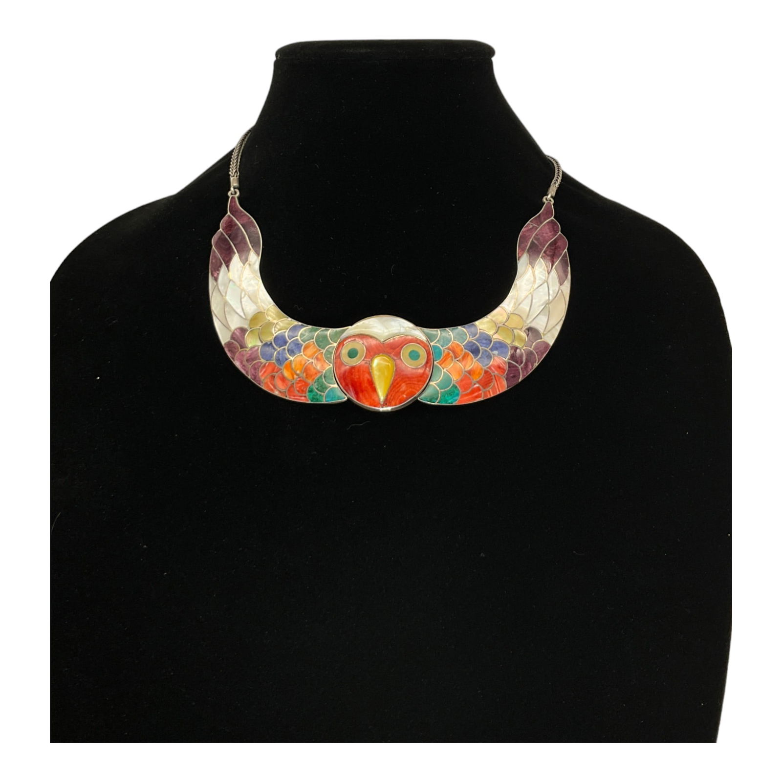 Sterling Silver Inlaid Stone Necklace Depicting an Owl (1 of 3)