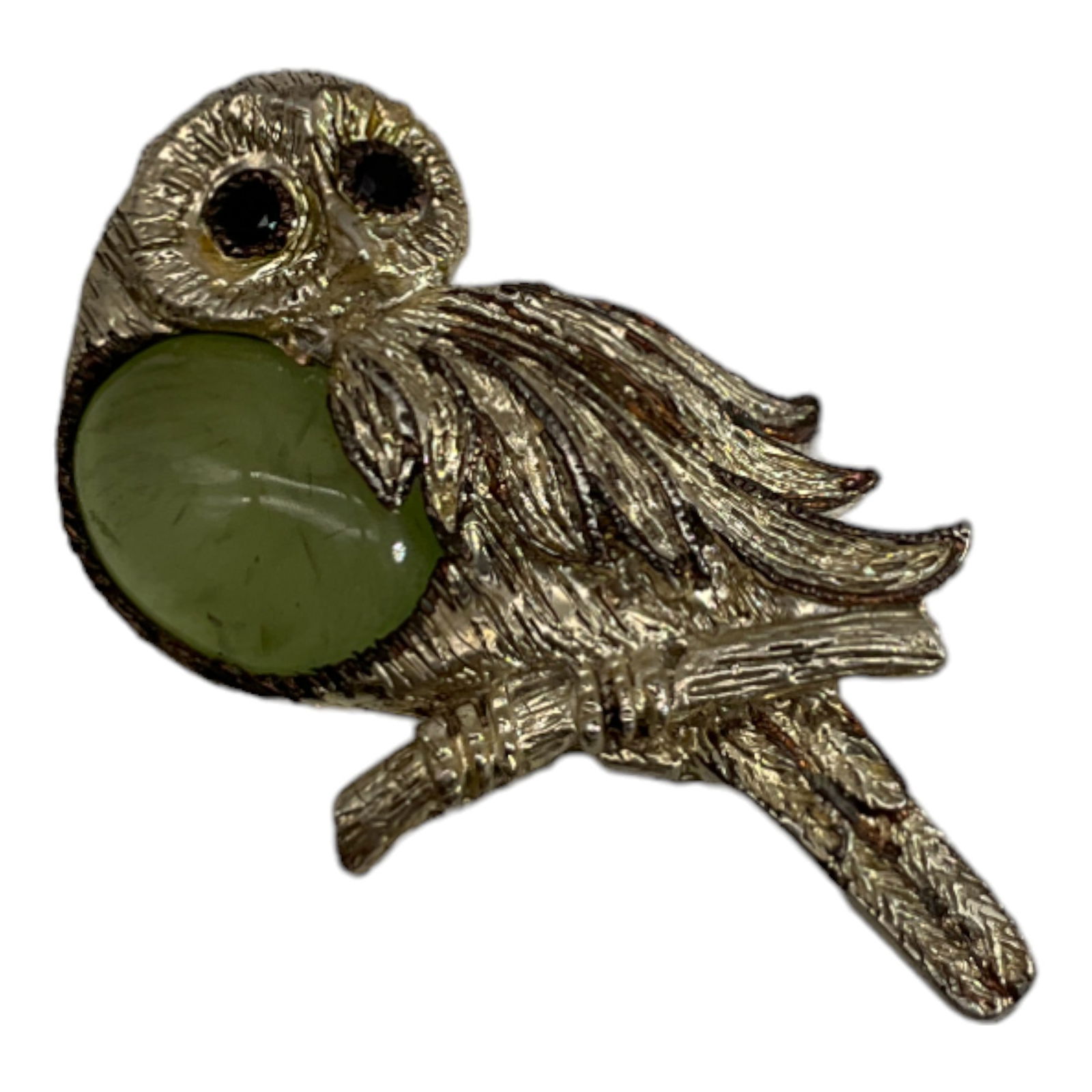 925 Owl Pendant/Brooch: 925 Stamped Owl Pendant, with Green Cabochon Belly and Black Rhinestone Eyes. Approx. 2..25 tall x 1.25 inches wide.