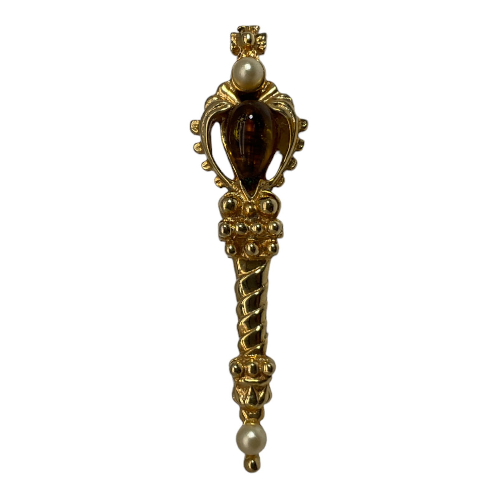 Jewels by Julio Scepter Brooch: Gold Tone Faux Pearls, Crystal Scepter Brooch signed Jewels by Julio.