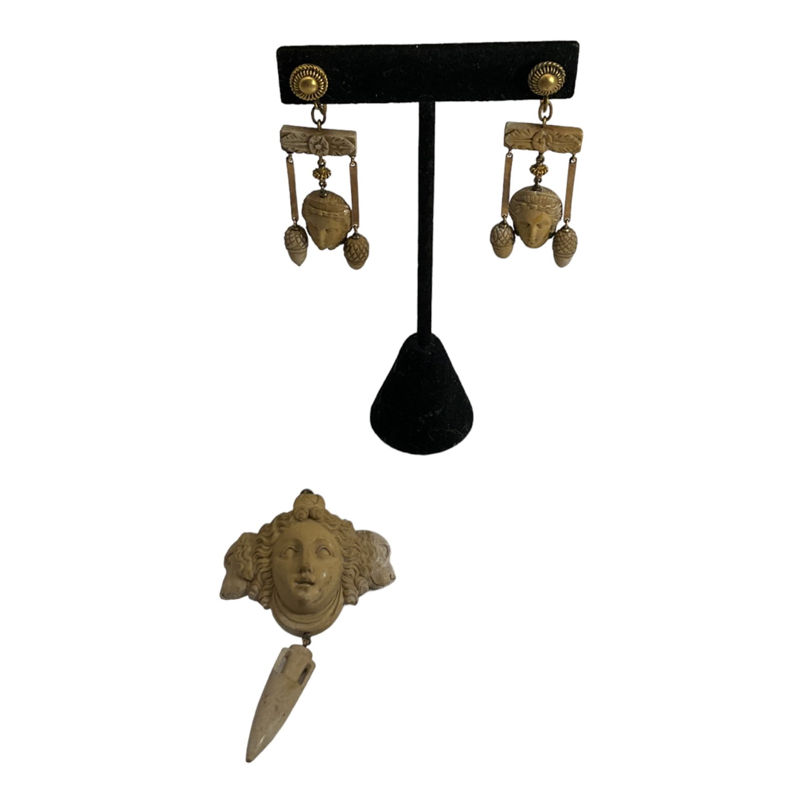 Antique Grand Tour Lava Cameo Pendant and Earrings (1 of 6)