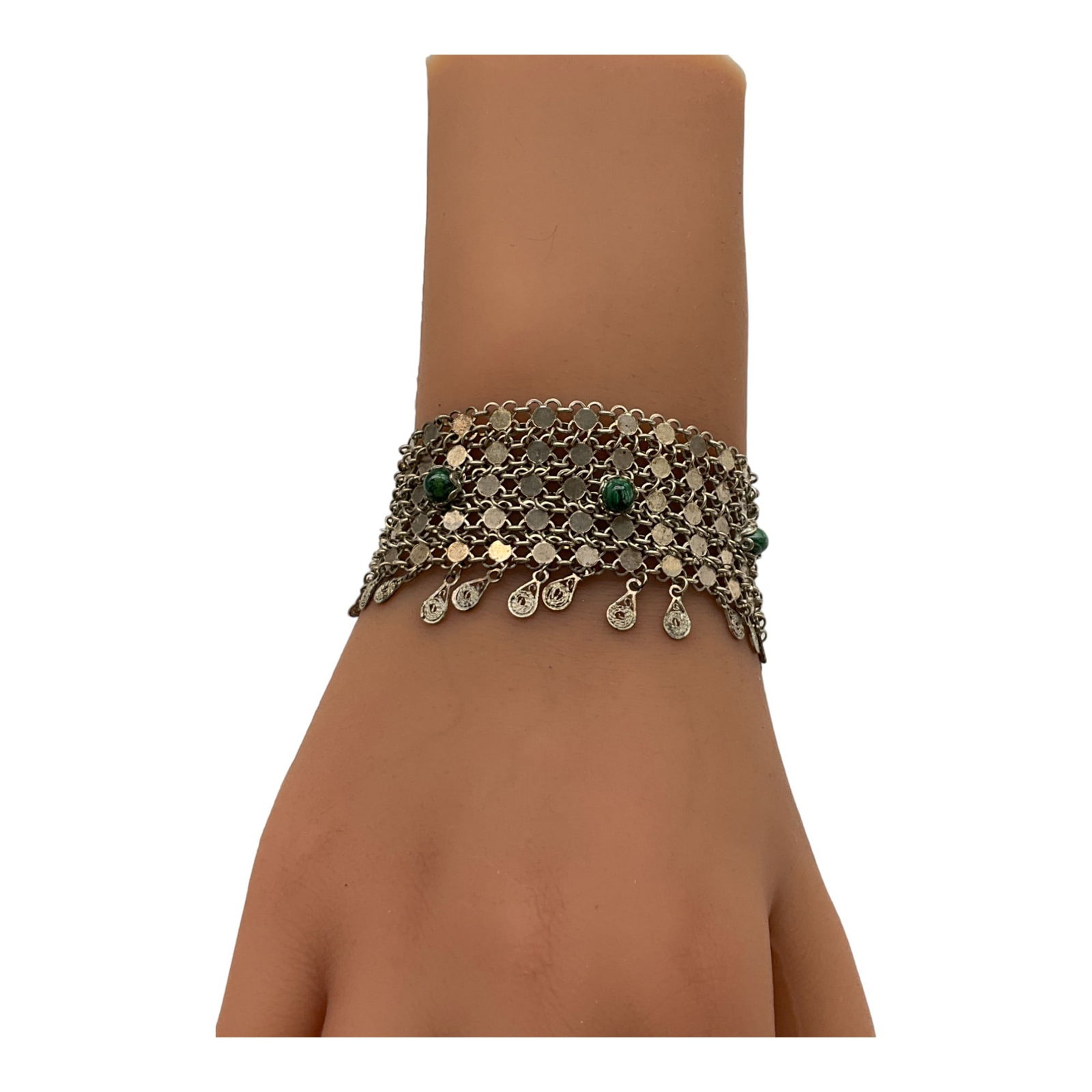 Vintage Sterling Silver Mesh Bracelet with Malachite (1 of 5)