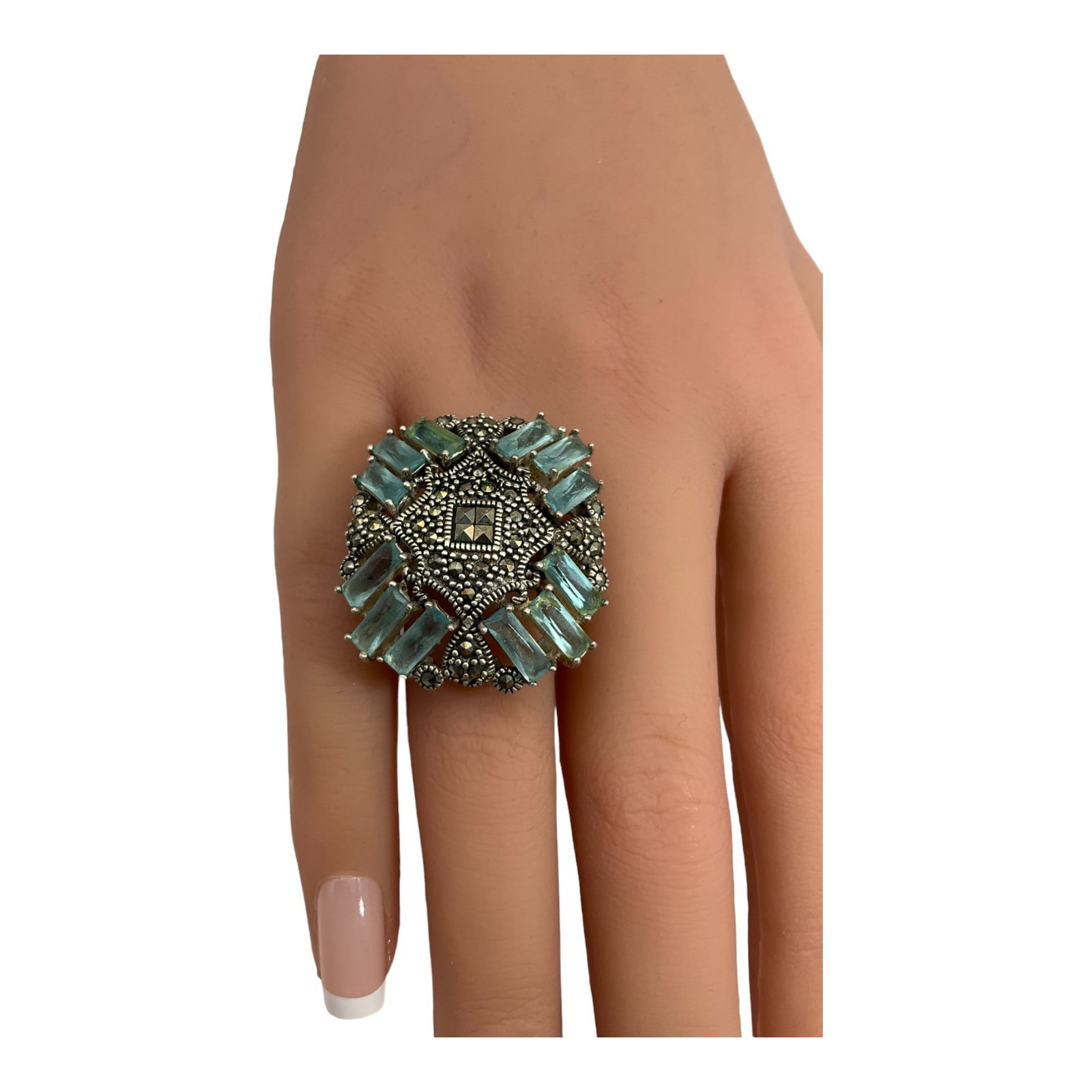 Vintage 925 Cocktail Ring Marcasite Blue Topaz: Marcasite and Lab Created Baguette cut Topaz, stamped 925 and Illegible markers hallmark. Size 6