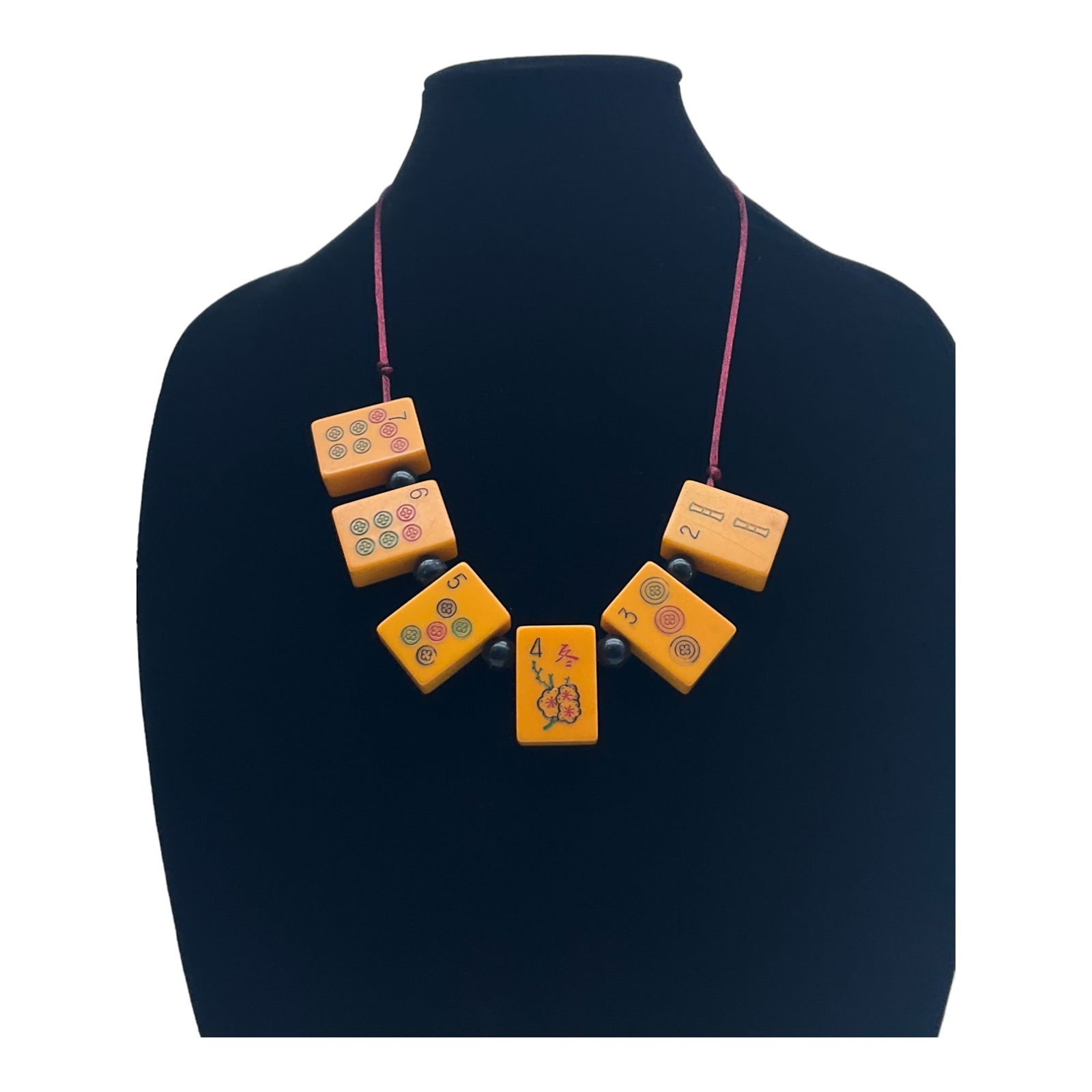 Vintage Bakelite MahjongTiles Necklace: Bakelite Tile Necklace with 6 tiles. Approx. 23 inches long, each tile approx. 1.25 x 7/8 of an inch.
