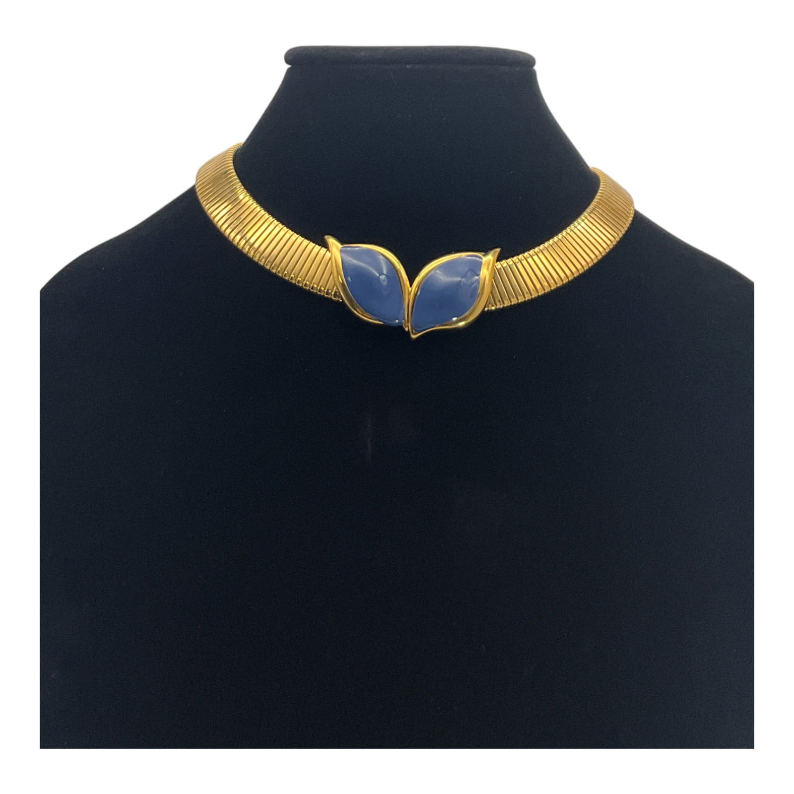 Vintage PRYM Gold and Enamel Necklace: Gold and Blue Enamel Leaves Necklace by PRYM. Approx. 19 inches long, 5/8 wide, leaves 2.5 x 1.5 inches, snap on closure.