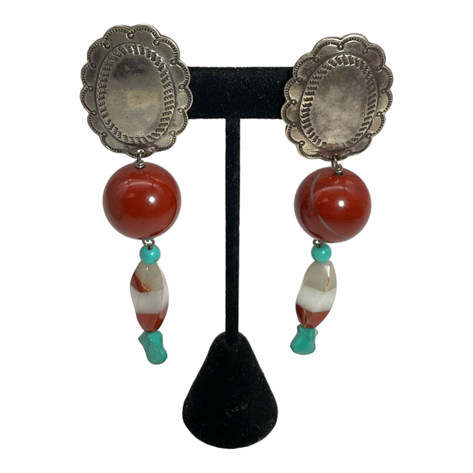 Vintage Southwestern 925 Clip on Earrings: Southwestern Sterlinbg Silver Clip On Earrings (not stamped/tested), with Brecciated Jasper and Turquoise Gemstones. Approx. 4 long x 1 inch at widest.