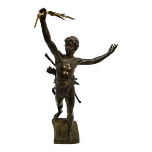 Eug Marioton (French,1854 - 1933) Bronze Statue 'Victorious Archer' Signed: Eug Marioton (French,1854 - 1933) Bronze Statue 'Victorious Archer' Signed and stamped. Approx.16 x 8 x 5.5 inches, Approx. 6.9 lbs. Eugène Marioton, born in Paris, was a French sculptor working