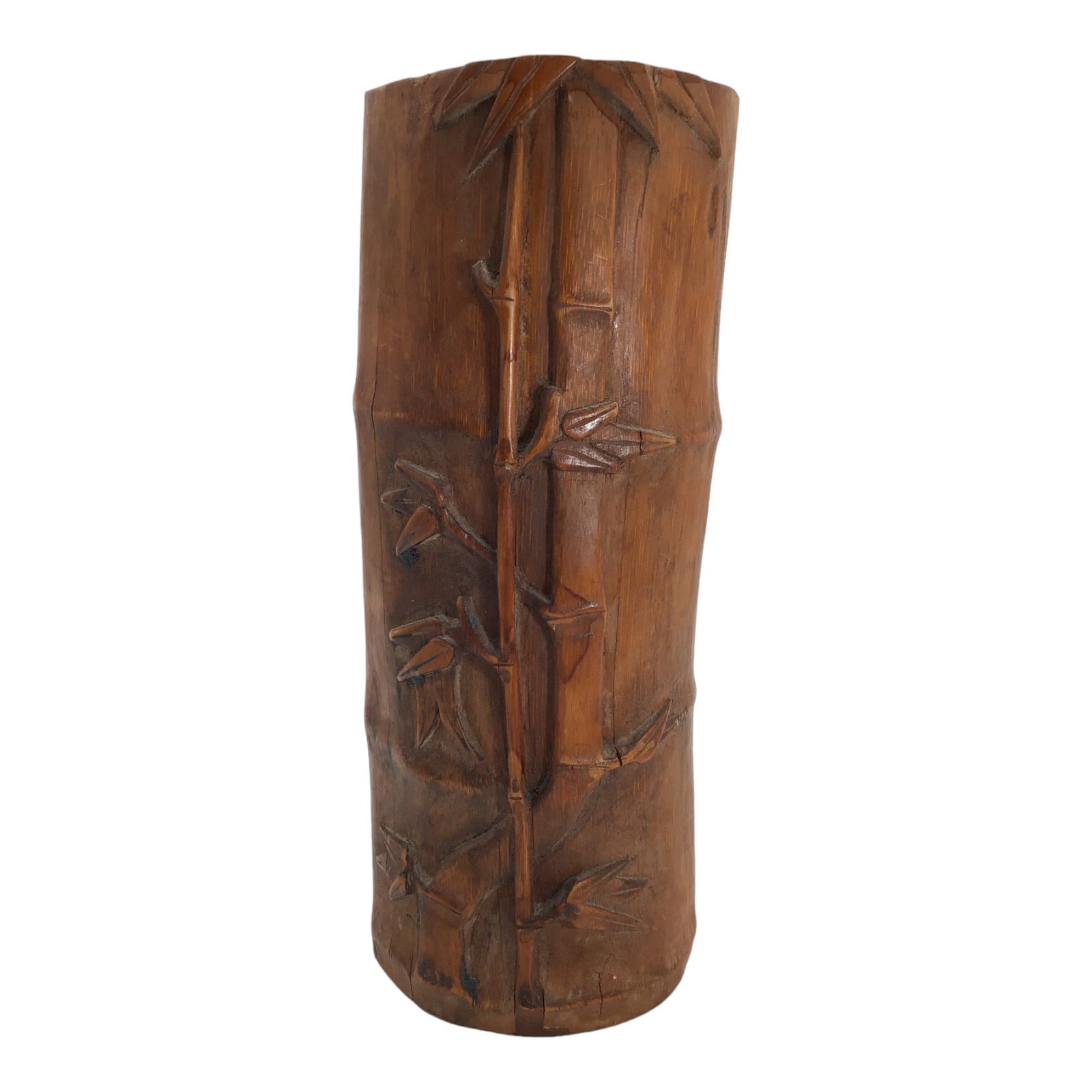 1820's Chinese Wood Carved Brush Pot: Antique Chinese Wood Carved Brush Pot Bamboo Design, written on bottom of piece is 'Brush Pot 1820 Antique'. Approx. L 5 x H 11.5 Inches. Approx. 1.6 lbs.