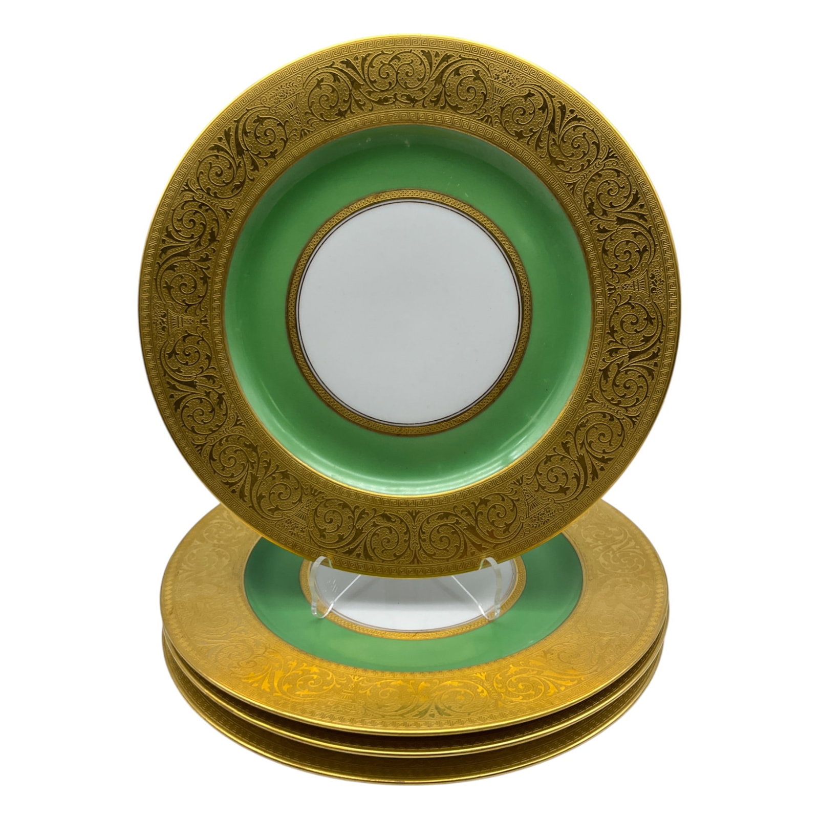 Lot of 4 Green and Gold Mid-1900's Hutschenreuther Porcelain Plates: Lot of 4 Green and Gold Mid-1900's Hutschenreuther German Porcelain Plates. Approx. 10 inches across, 5.4 lbs.