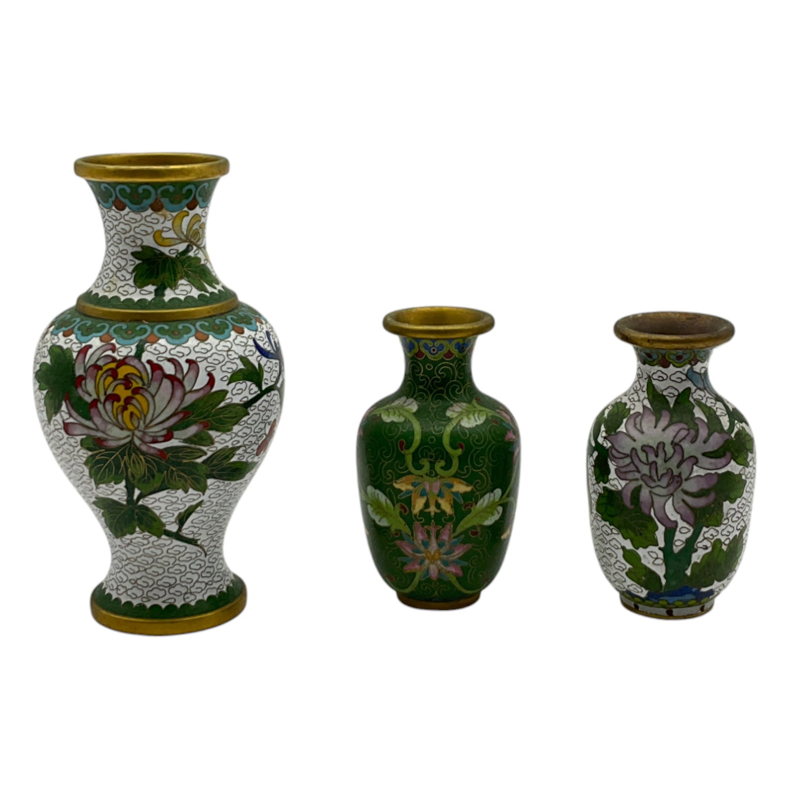 Lot of 3 Cloisonne Vases: Lot of 3 Cloisonne Vases. 2 shorter vases, 1 green with floral design, the other white with cloud design and flower images (4 tall x 2.25 wide inches). Larger vase is white with cloud decor and flower