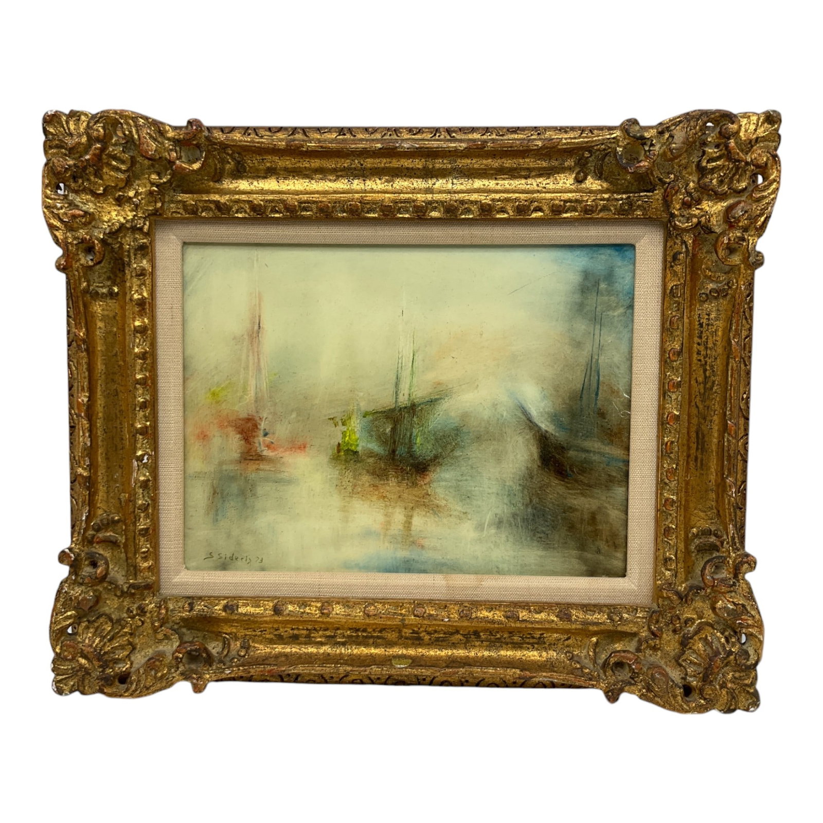 Stefano Sideris (Greece 1921 - 1978)Signed '73 Framed Seascape Painting on Board: Stefano Sideris (Greece 1921 - 1978)Signed '73 Framed Seascape Painting on Board depicts 3 boats.