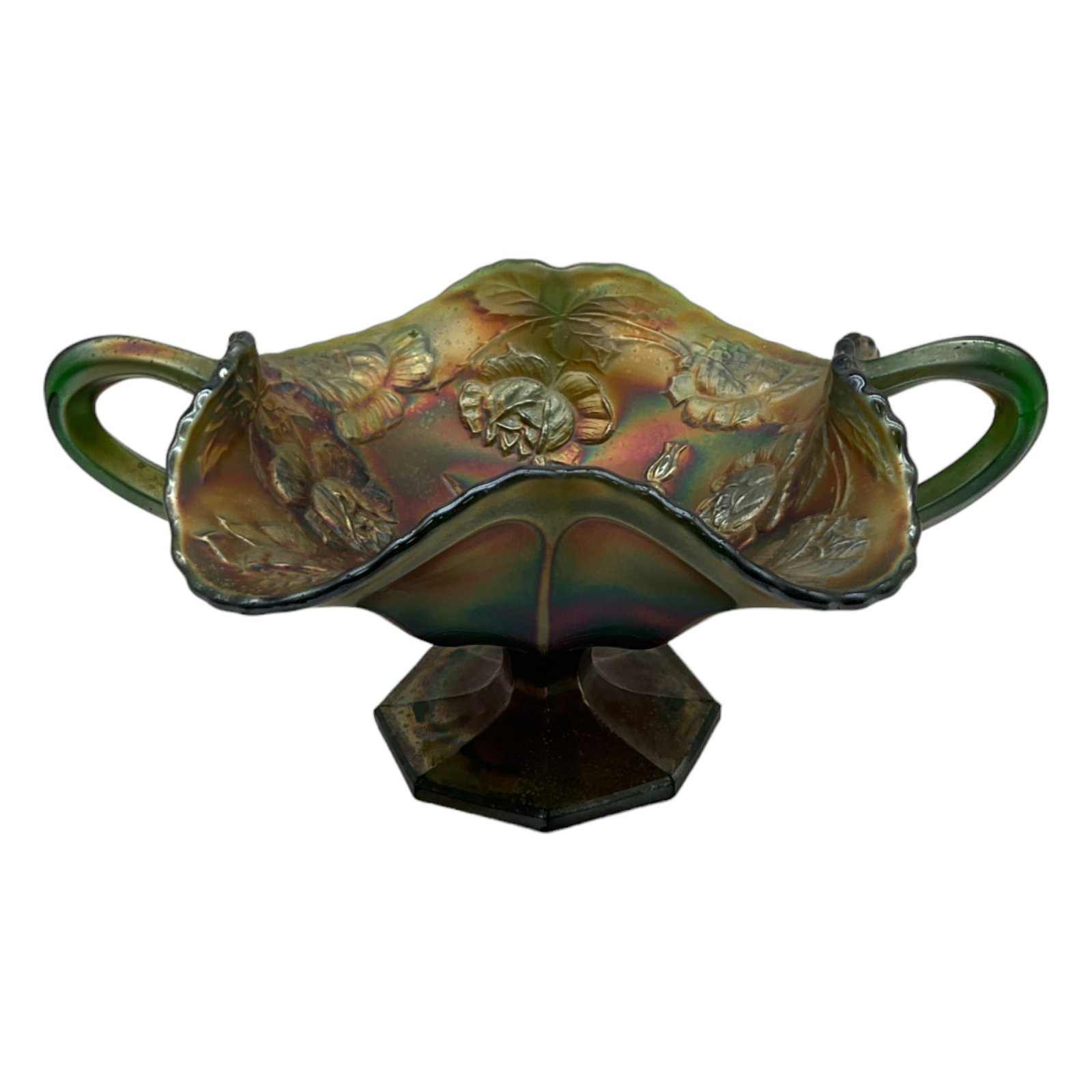 Fenton Green Wreath of Roses Carnival Glass Bon Bon: Fenton Green Wreath of Roses Carnival Glass double handle Bon Bon. Approx. 4 tall x 8.5 wide x 5.5 deep inches, 1.2 lbs.