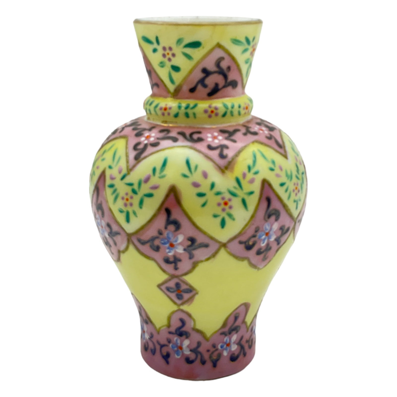 Nippon Vase: Nippon Vase hand painted floral pattern pinks and yellow design. Approx. 6.5 tall x 3.5 across inches, 8.5 oz.