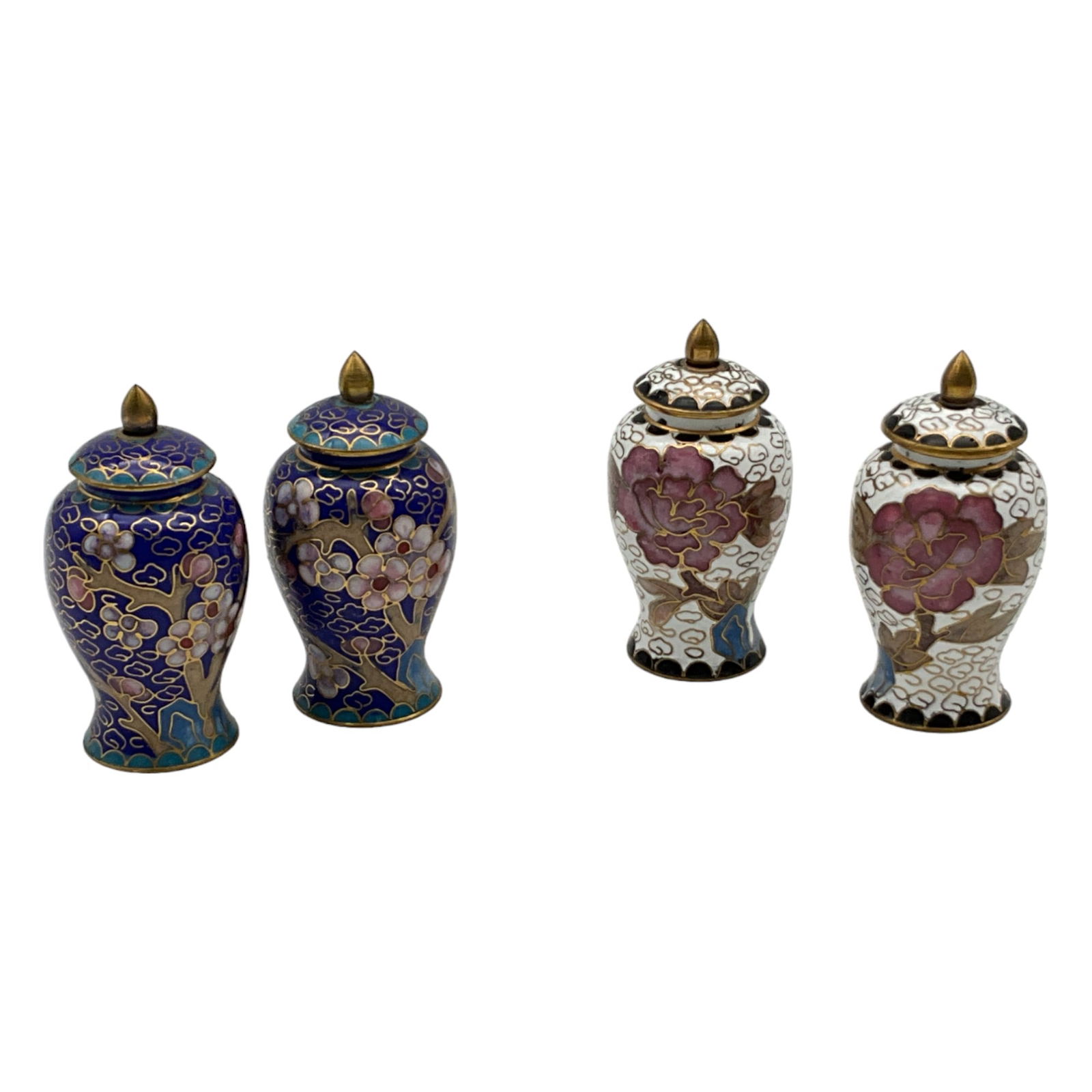 Lot of 4 Miniature Lidded Urns: Lot of 4 Miniature Lidded Urns. 1 pair is blue with pink floral design. The other Pair is white with pink flowers. Approx. 2.5 tall x 1.25 across inches, 7 oz.