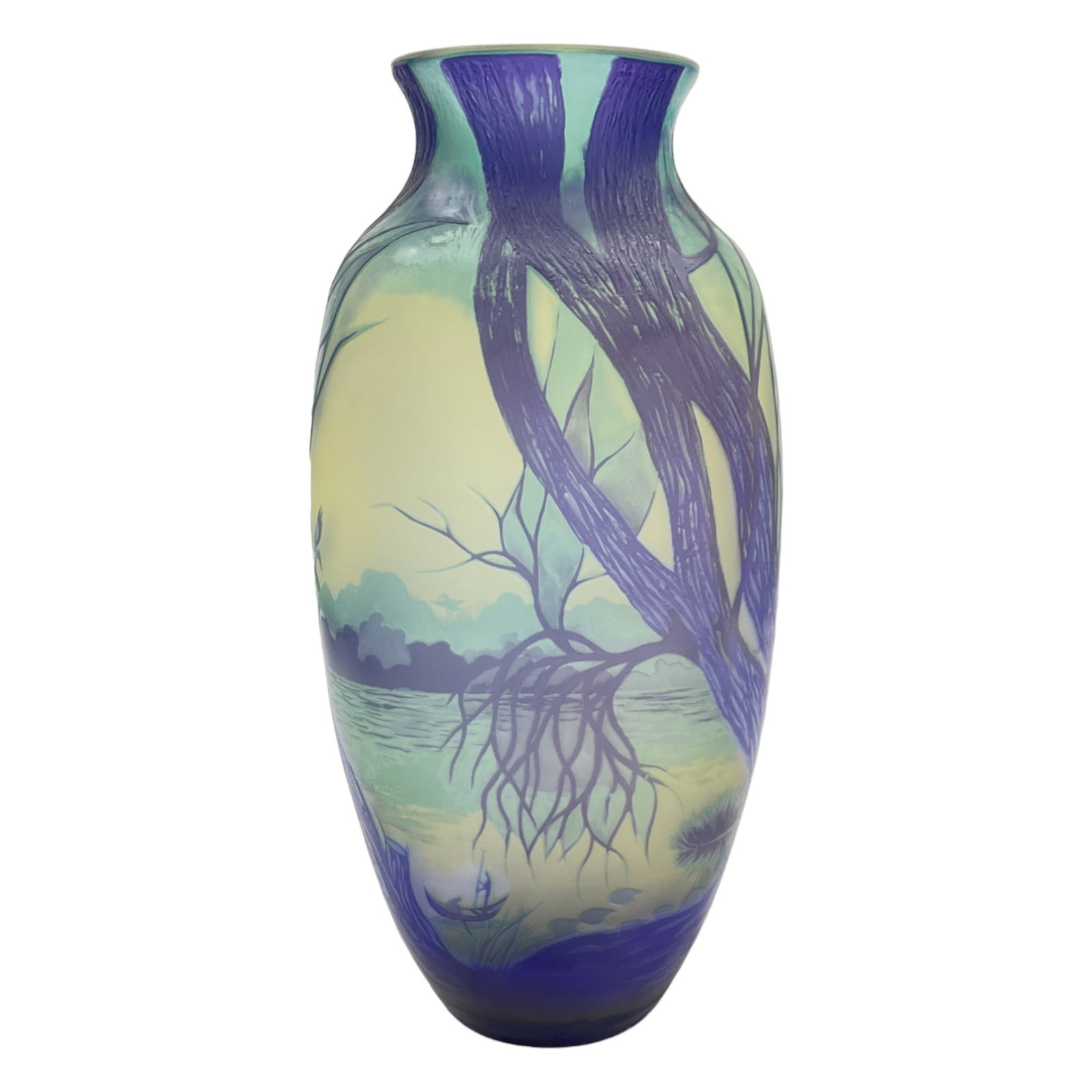 Cameo Glass Vase Signed TIP Galle: Cameo Glass Vase Signed TIP Galle Depicting people rowing boats on a river. Approx. 12.5 tall x 6 wide x 4 deep inches, 3.11 lbs.