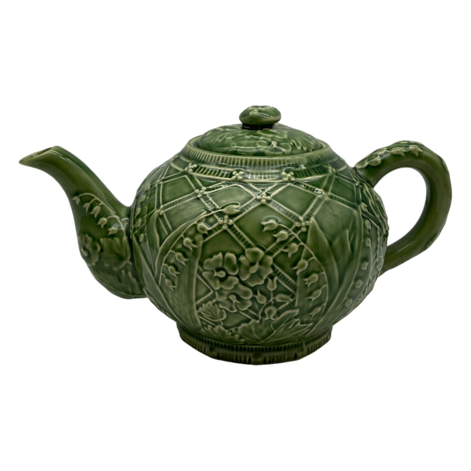 Tiffany and Co. Made in Portugal Teapot: Tiffany and Co. Made in Portugal porcelain Green Tea Pot with floral and fence design. Approx. 5.5 tall and wide x 9.5 deep inches, 1.2 lbs.