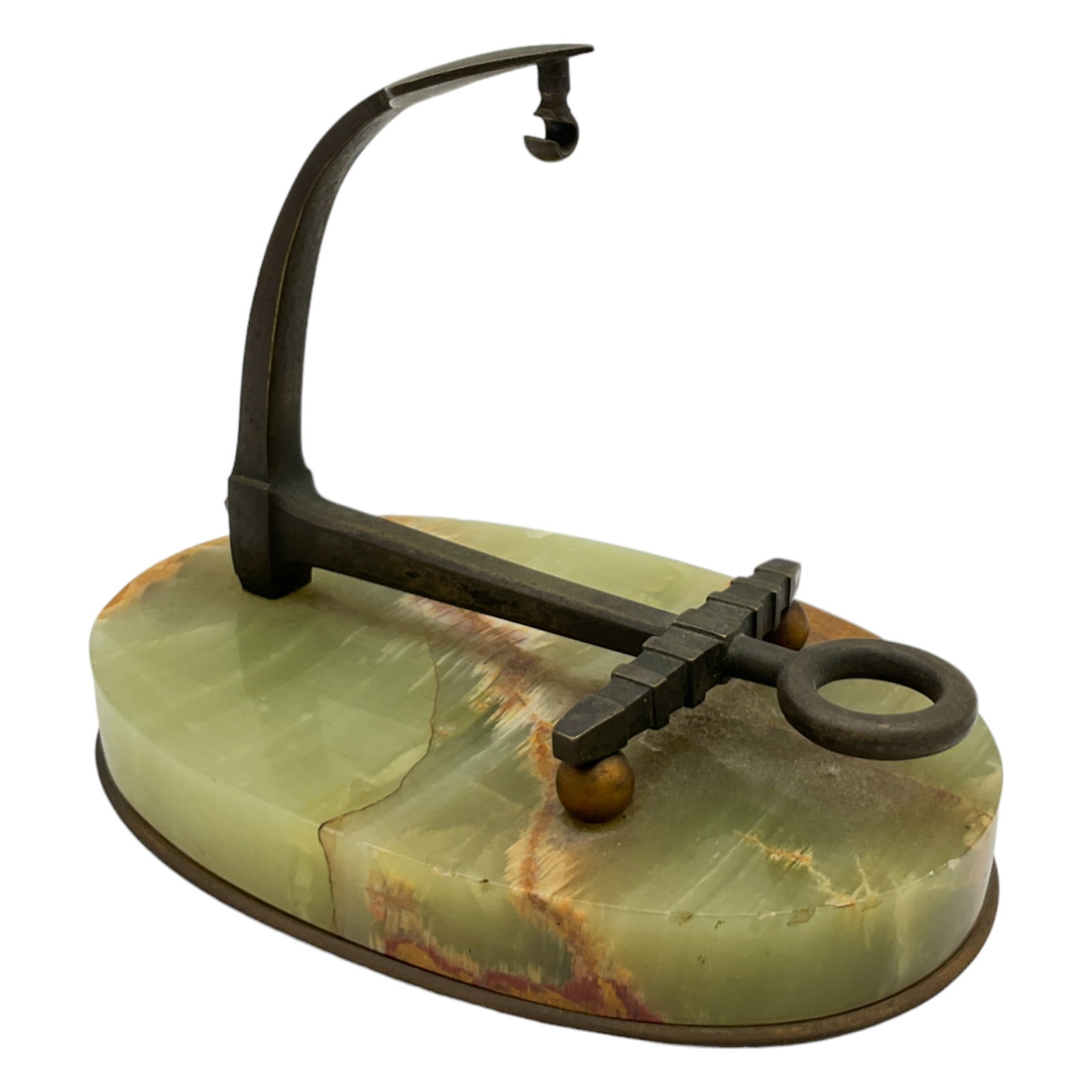Figural Pocket Watch Stand, Brass and Green Onyx: Nautical Themed, Brass Anchor & Green Onyx Base Pocket Watch Stand. Approx 5 tall x 7 wide x 5 deep inches, 3.9 lbs.