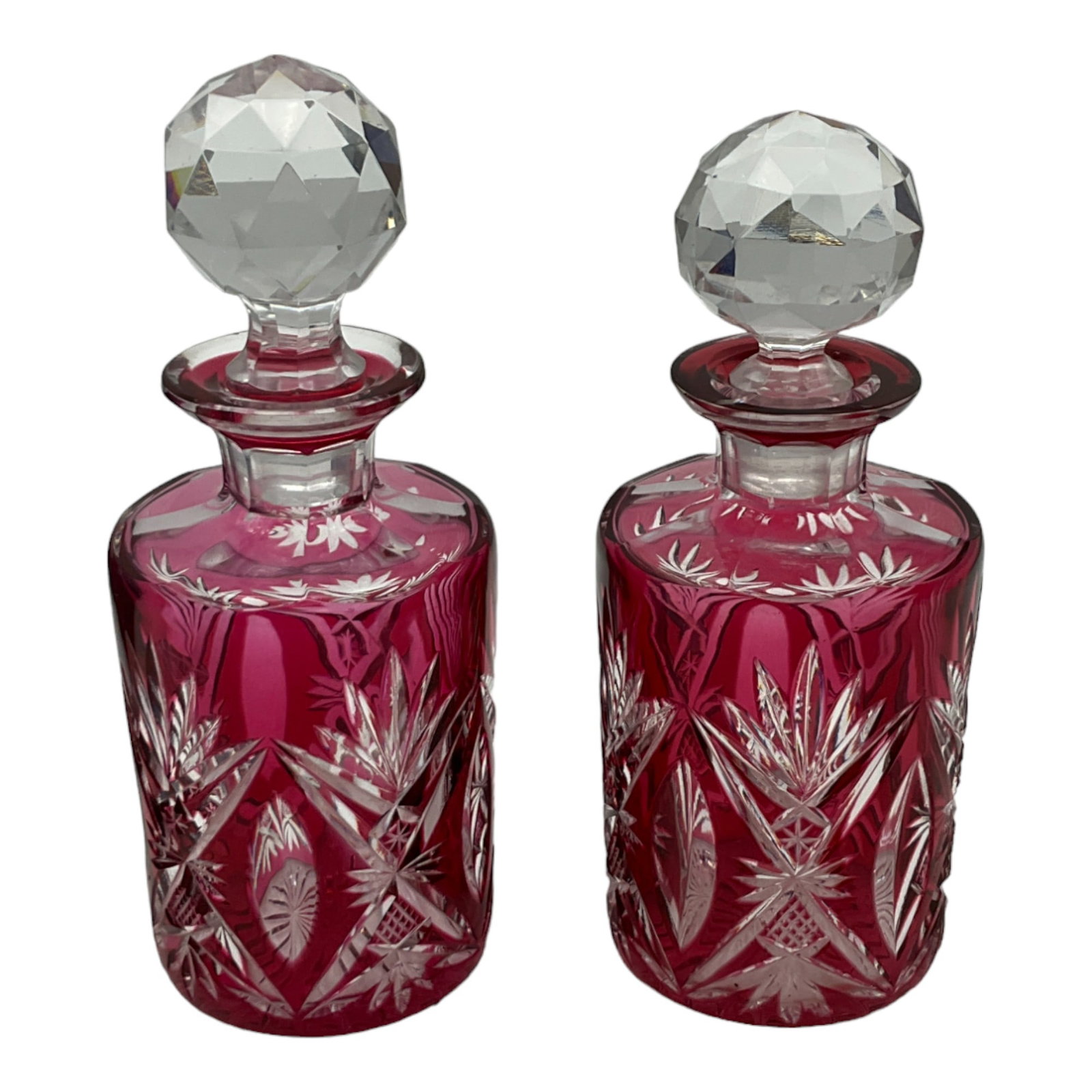 Vintage Pair (2) Cut Glass Cranberry Clear Perfume Bottles (1 of 9)