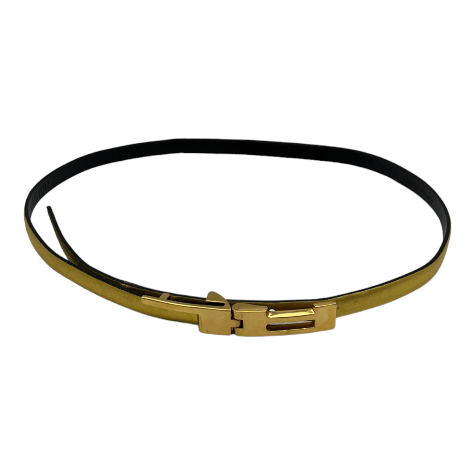 Ralph Lauren Women's Genuine Leather Belt w Logo Buckle: Ralph Lauren Women's Metallic Gold Genuine Leather Belt w Gold Tone Logo Buckle. Made in Italy. Size M Approx 33.5 Inches from Buckle Tongue to Last Hole.