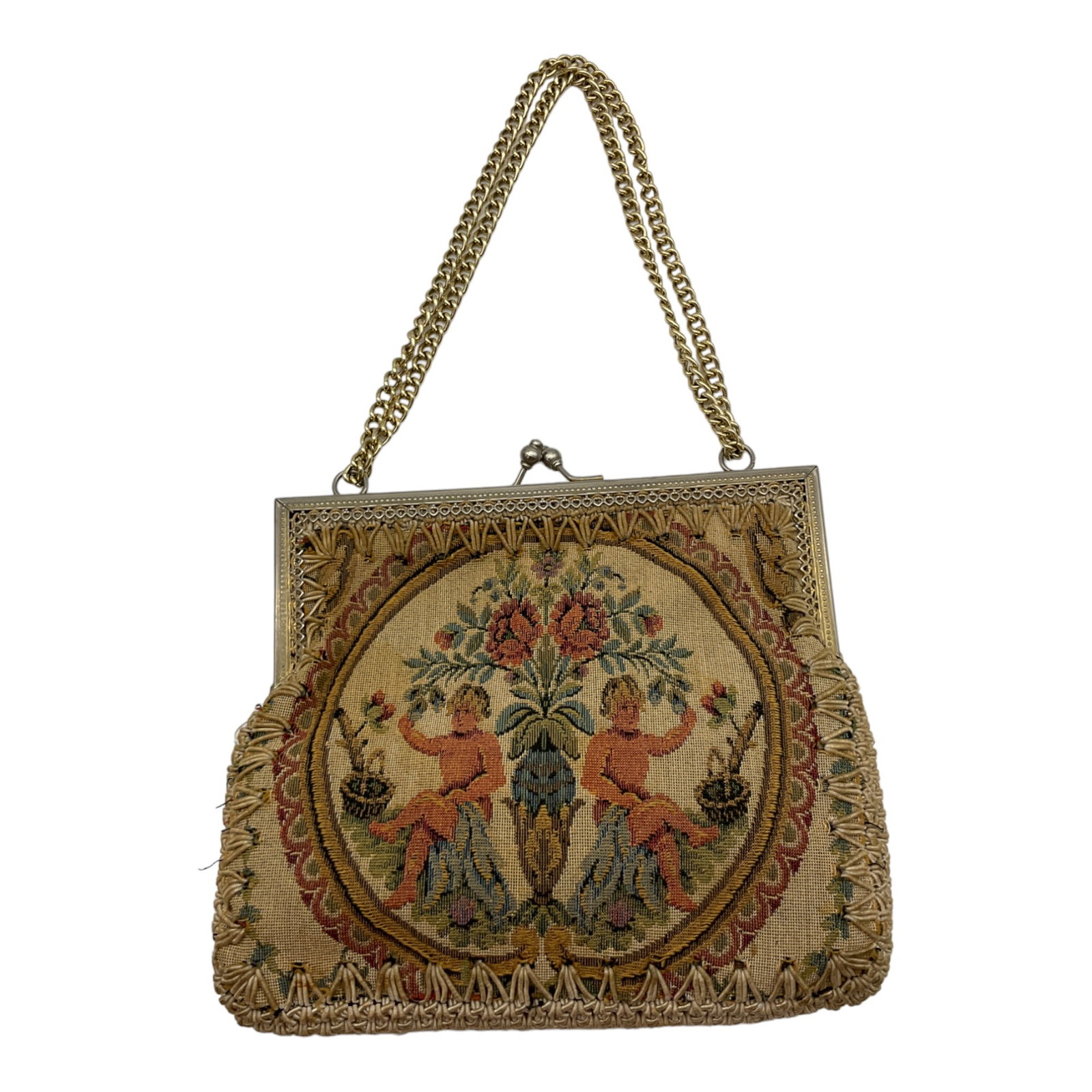 Vintage Tapestry Embroidered Cherubs & Floral Evening Handbag Purse w Frame Kiss Closure (1 of 6)