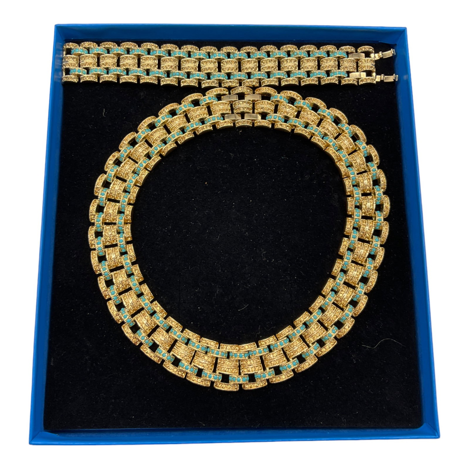 IMAN CN Gold Tone Chunky Interlocking Necklace & Bracelet Set w Faux Turquoise Stones (1 of 6)
