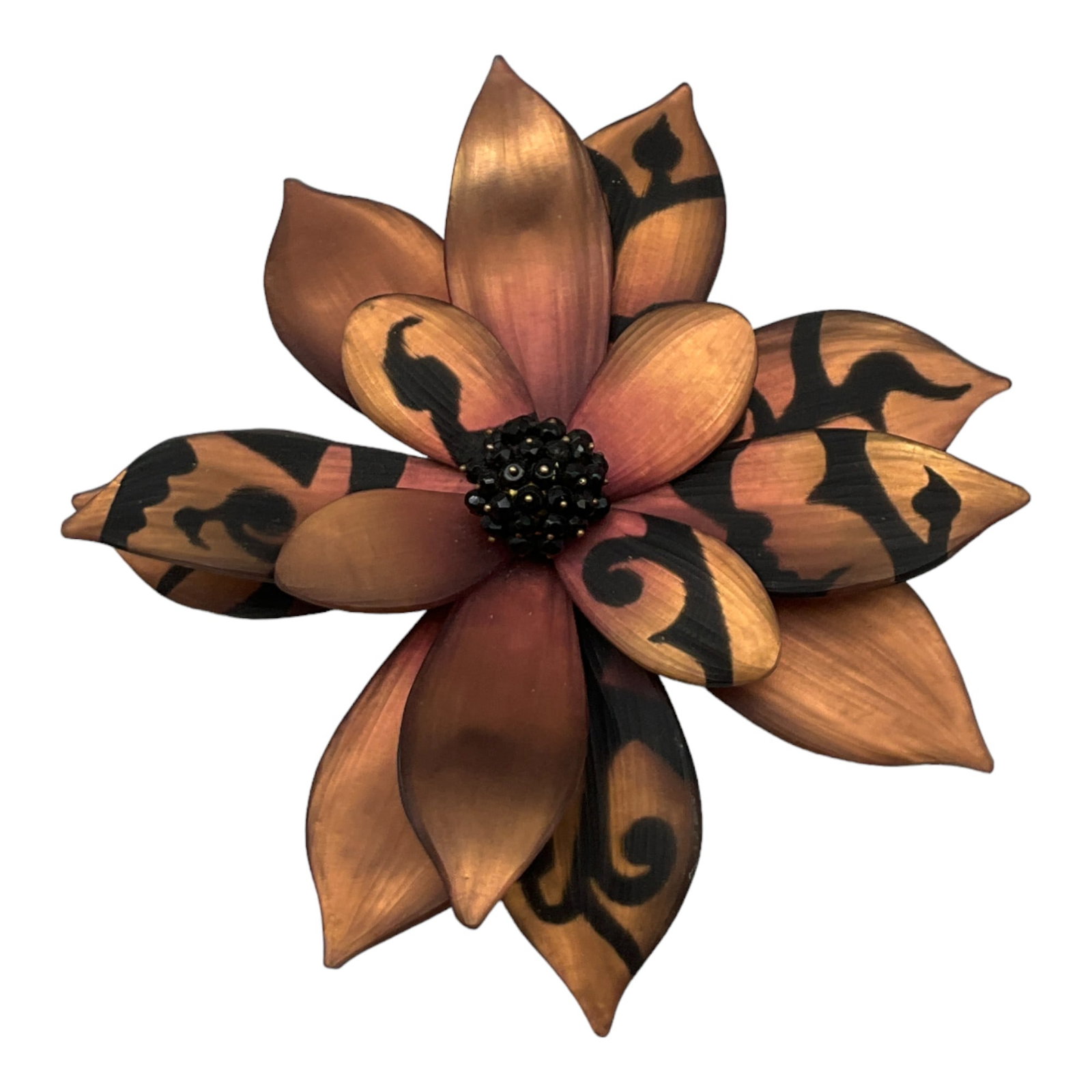 Large Alexis Bittar Lucite Flower Brooch: Large Alexis Bittar Lucite Flower Brooch with Black faceted Crystals Center. Approx 5.5 Inches Wide x 5.5