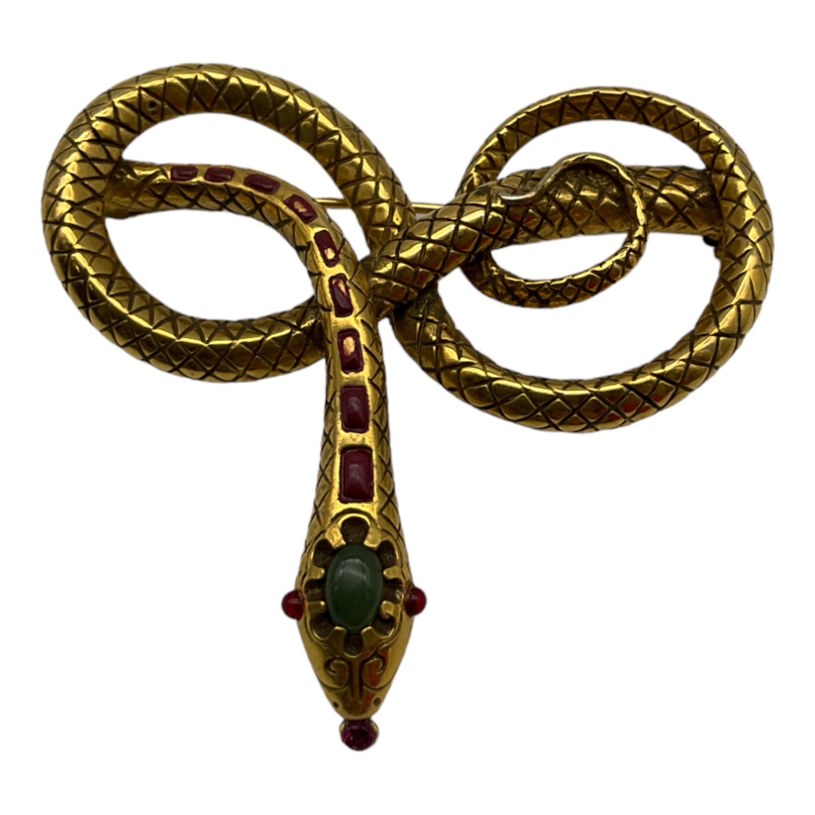 1985 MMA Gold tone Snake Brooch: 1985 Metropolitan Museum of Art (MMA) Gold Snake Brooch, with Jade Cabochon, enamel, and garnet crystals for eyes and tongue area. Approx 2 Inches Wide x 2 Tall.