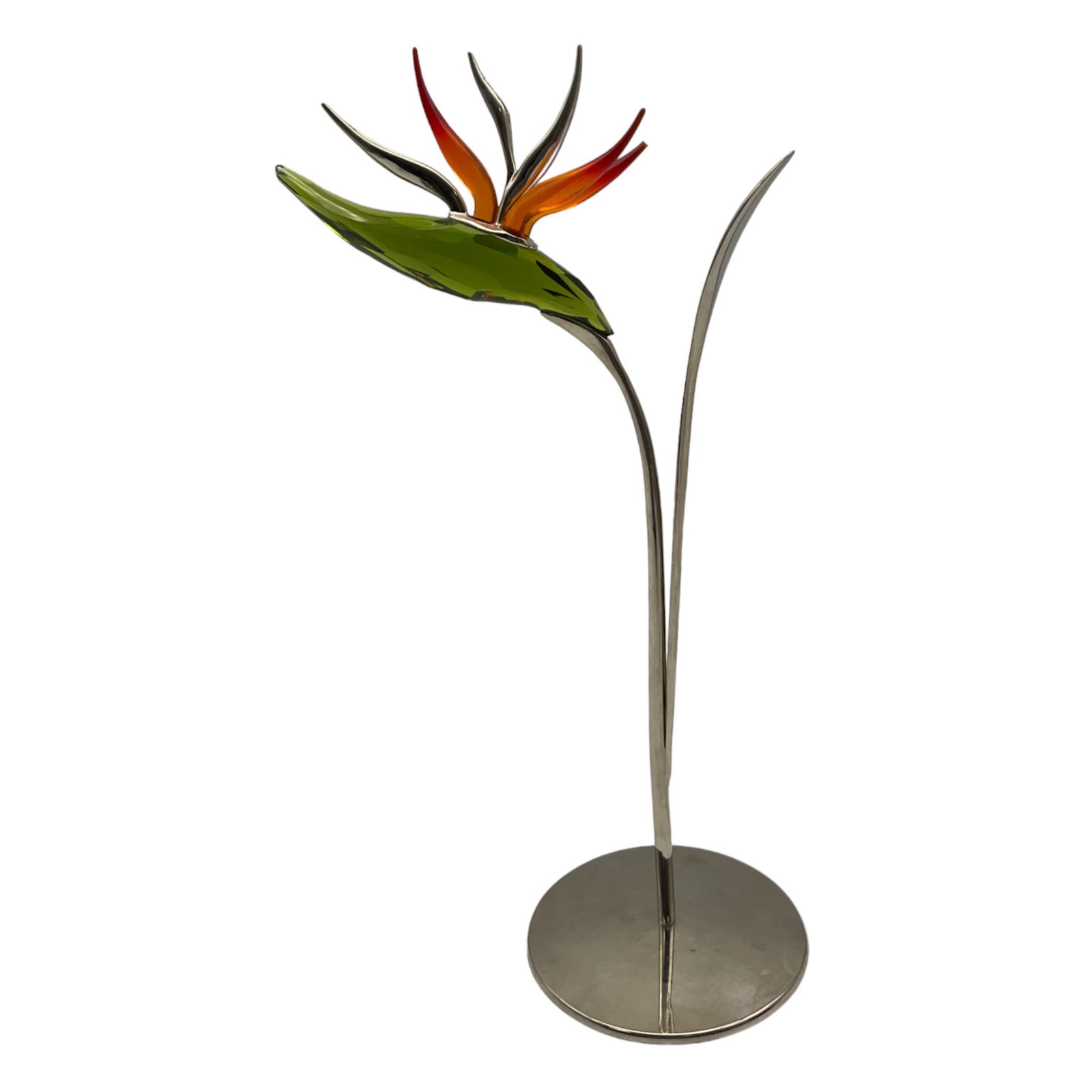 Swarovski Crystal Figurine (679 Dalmally) Bird-of-paradise: Eye-catching olive green and orange crystal birds-of-paradise flower on a rhodium-plated metal stand. Swarovski backstamp. Approx. 7.5 Inches tall x 4 wide x 2.5 deep, 4.7 oz.