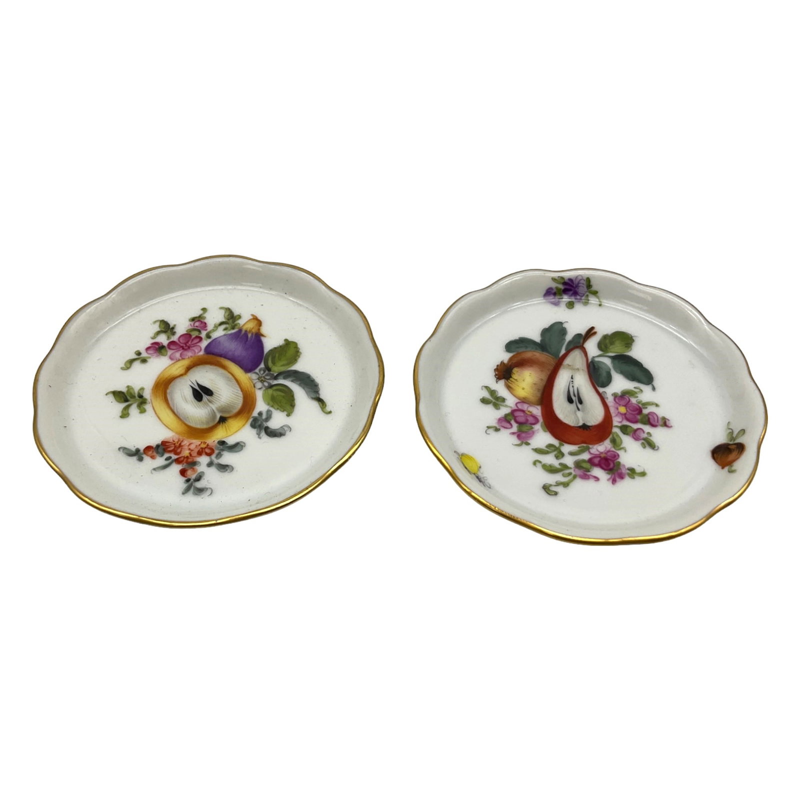 Pair Herend Pin Dish,Hand Painted Hungarian Porcelain c. 1920-1930: Pair Herend Pin Dish,Hand Painted Hungarian Porcelain,Fine China model 7563/bfrn cut fruit and flowers, trade marks dates 1920's-1930's. Approx. 3 Inches across, 2.2 oz. together.
