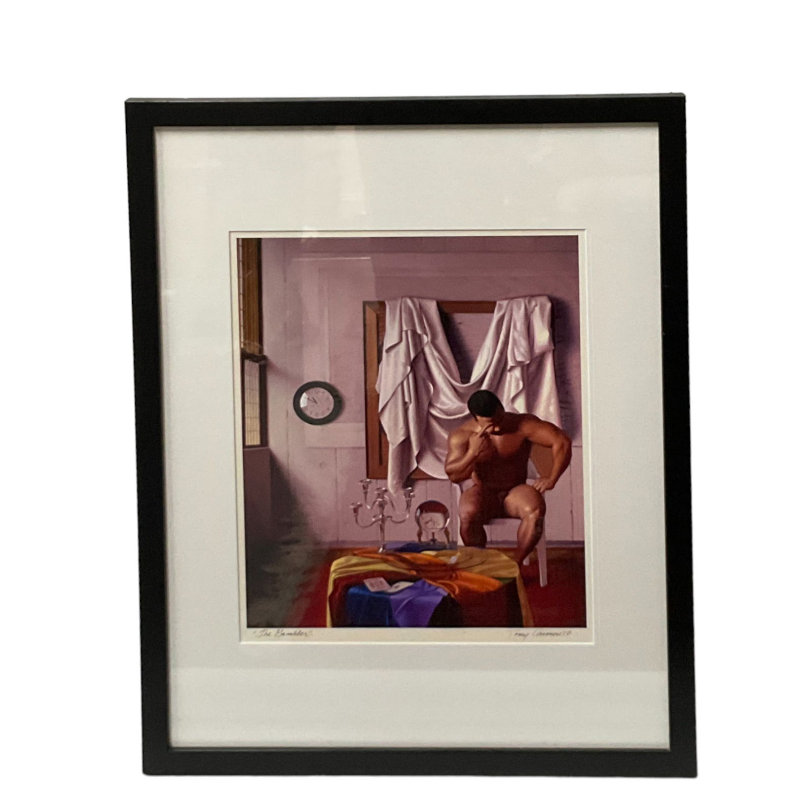 Tony Chimento (Florida, USA) Signed Realism 'The Gambler': Tony Chimento Signed Realism 'The Gambler' Depicting a nude man in a room sitting across from a table that shows black jack on the table. TONY CHIMENTO is a realist painter who built his career in Mia