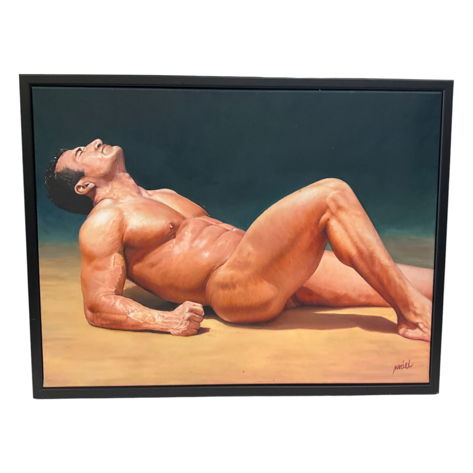 Maciel Cantelmo Signed and Dated Oil on Canvas Nude Male 'Sunny Day': Maciel Cantelmo Signed and Dated 2014 Oil on Canvas Nude Male 'Sunny Day' depicting a nude man laying on the floor eyes closed taking in the sun rays. Approx. 19.5 Inches tall x 25.5 wide x 1.5 deep.