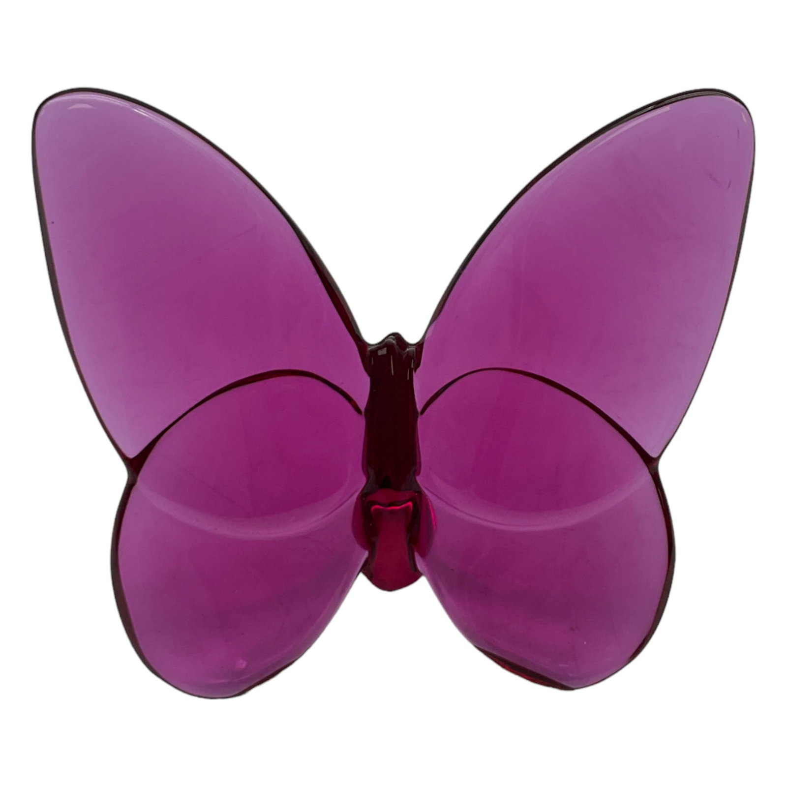 Baccarat Lucky Butterfly Peony Pink: Poised to flutter off, the Baccarat crystal butterfly glistens vibrantly with bright color. The wings fan out grandly, echoing the shape characteristic of the Amazonian breed. The poetic contours high
