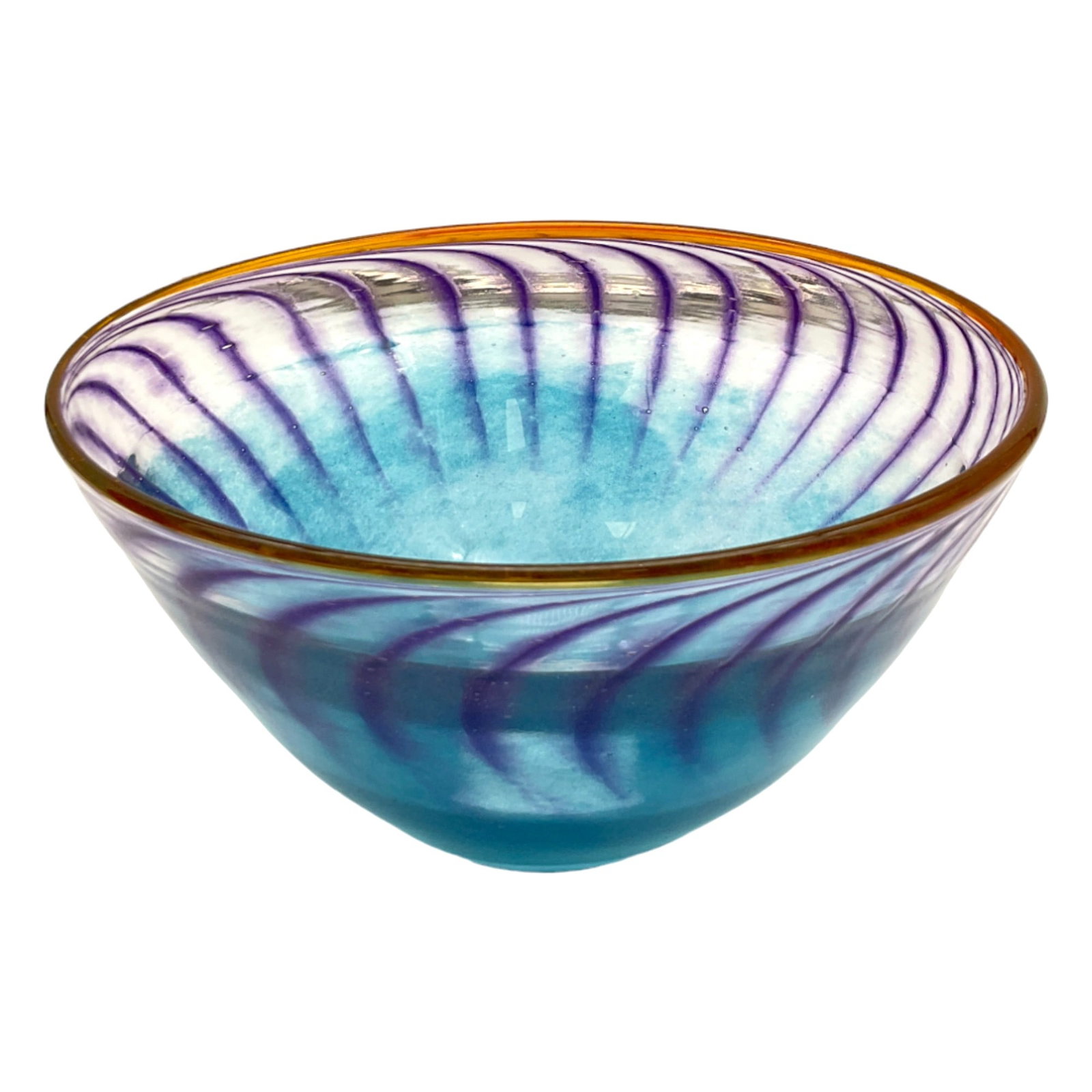 Kosta Boda Kjell Engman Signed Art Glass Bowl: Kosta Boda Kjell Engman Signed Art Glass blue with purple swirl Bowl from bon bon series. Approx. 3.5 Inches tall x 6 wide,1.1 lbs.